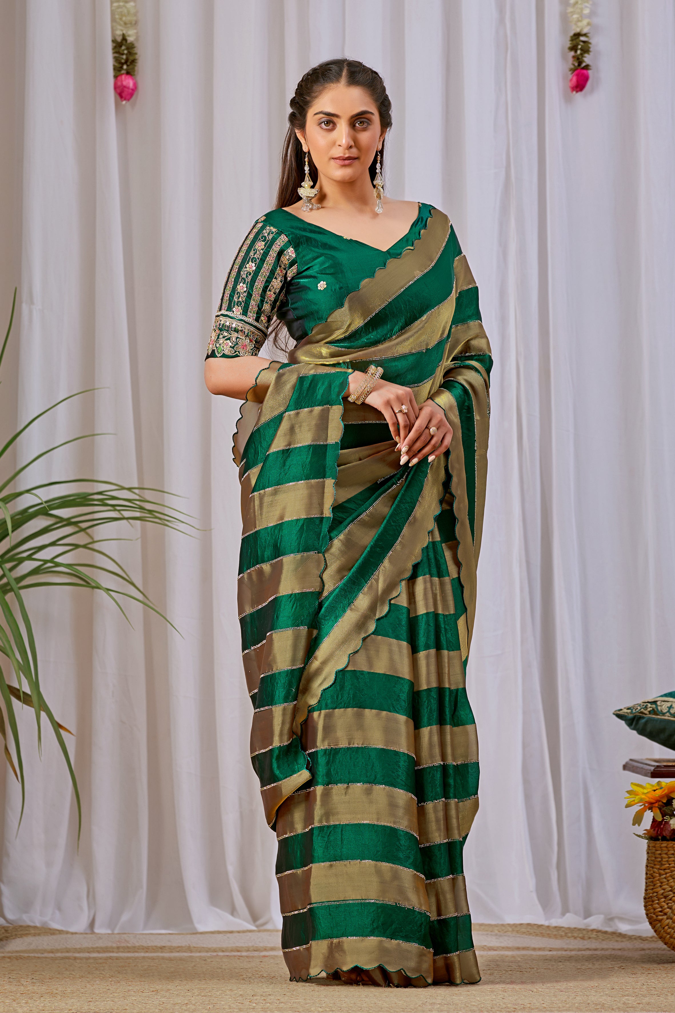 NAYANTARA Satin Embellished Embroidered Saree - Bottle Green