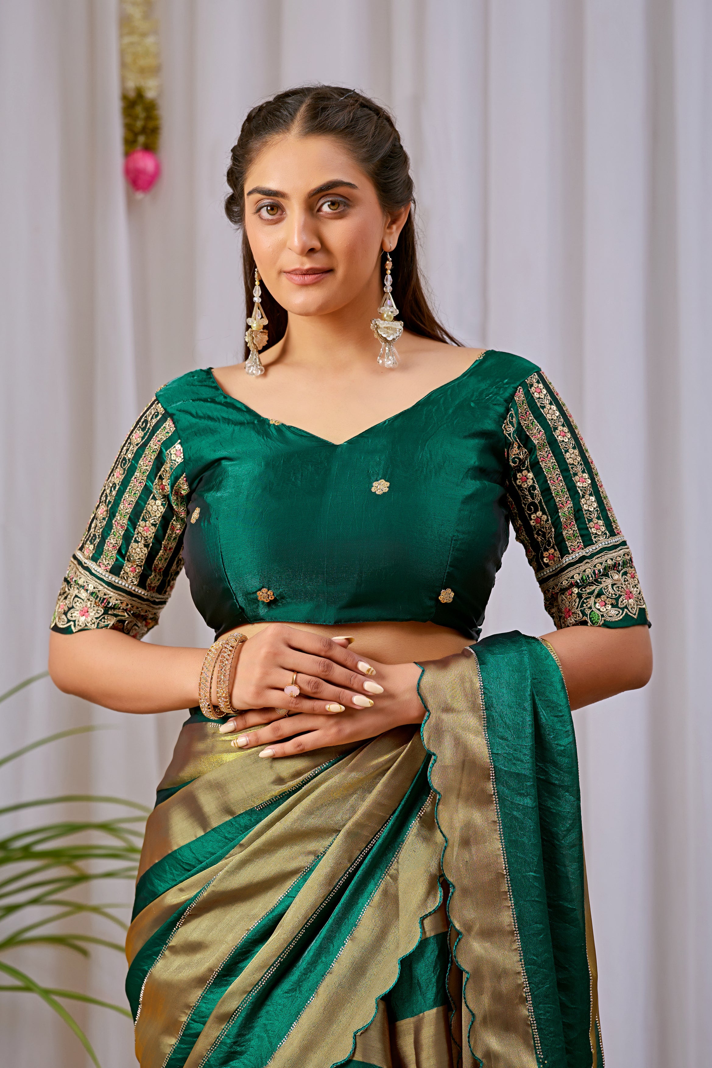 NAYANTARA Satin Embellished Embroidered Saree - Bottle Green