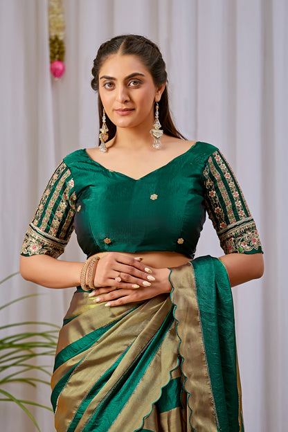 NAYANTARA Satin Embellished Embroidered Saree - Bottle Green