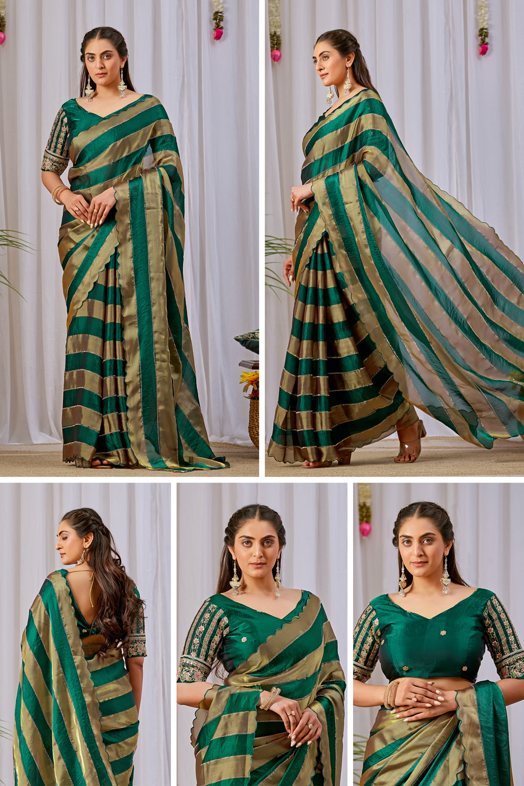NAYANTARA Satin Embellished Embroidered Saree - Bottle Green