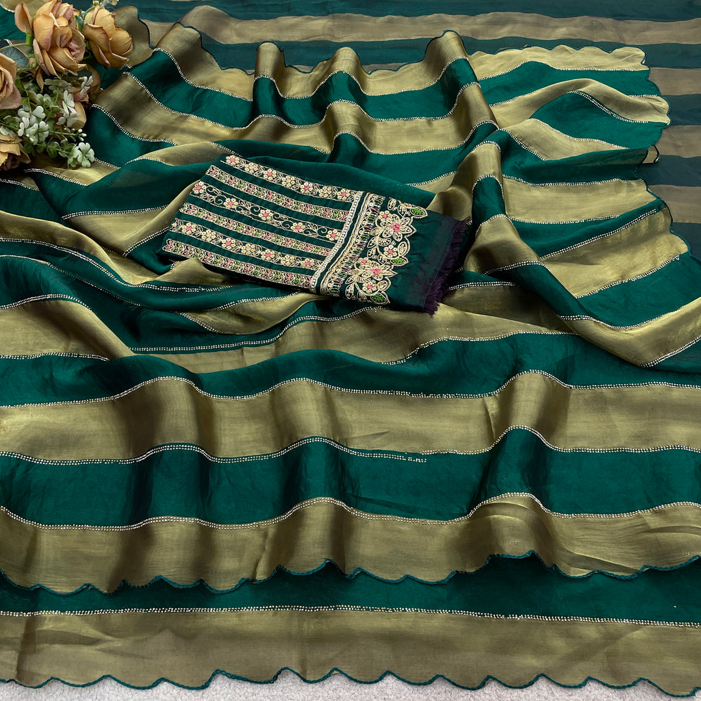 NAYANTARA Satin Embellished Embroidered Saree - Bottle Green