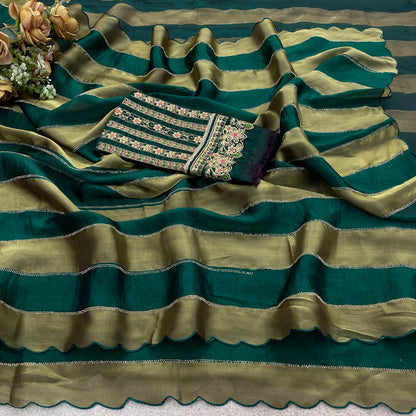 NAYANTARA Satin Embellished Embroidered Saree - Bottle Green