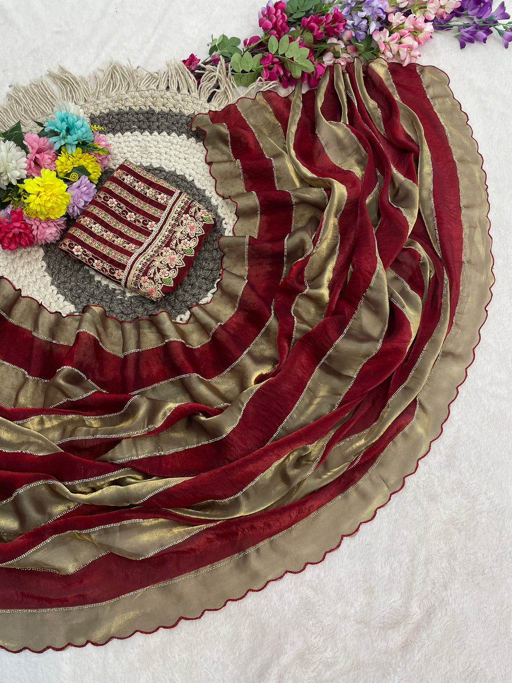 NAYANTARA Satin Embellished Embroidered Saree - Maroon