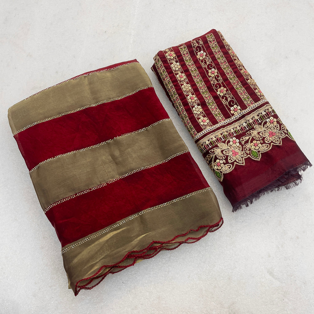 NAYANTARA Satin Embellished Embroidered Saree - Maroon