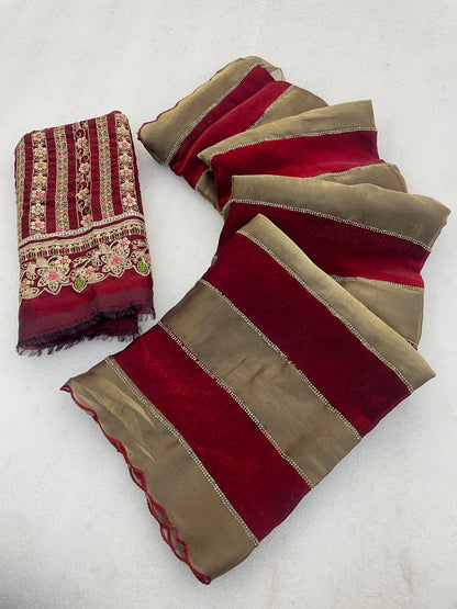 NAYANTARA Satin Embellished Embroidered Saree - Maroon