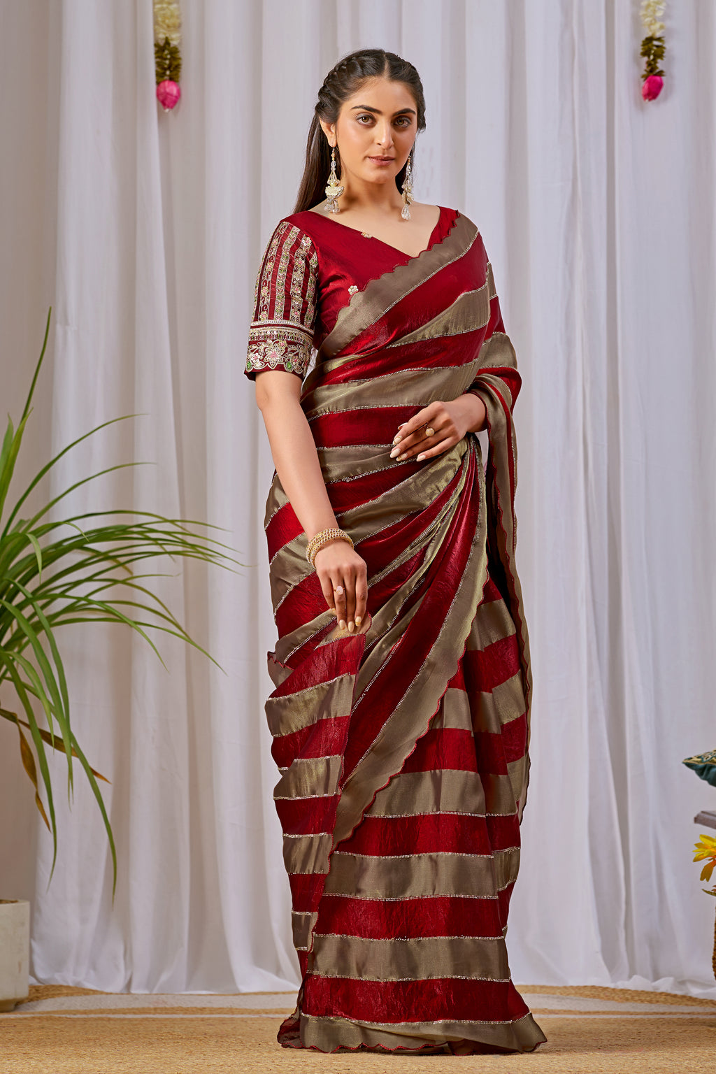 NAYANTARA Satin Embellished Embroidered Saree - Maroon