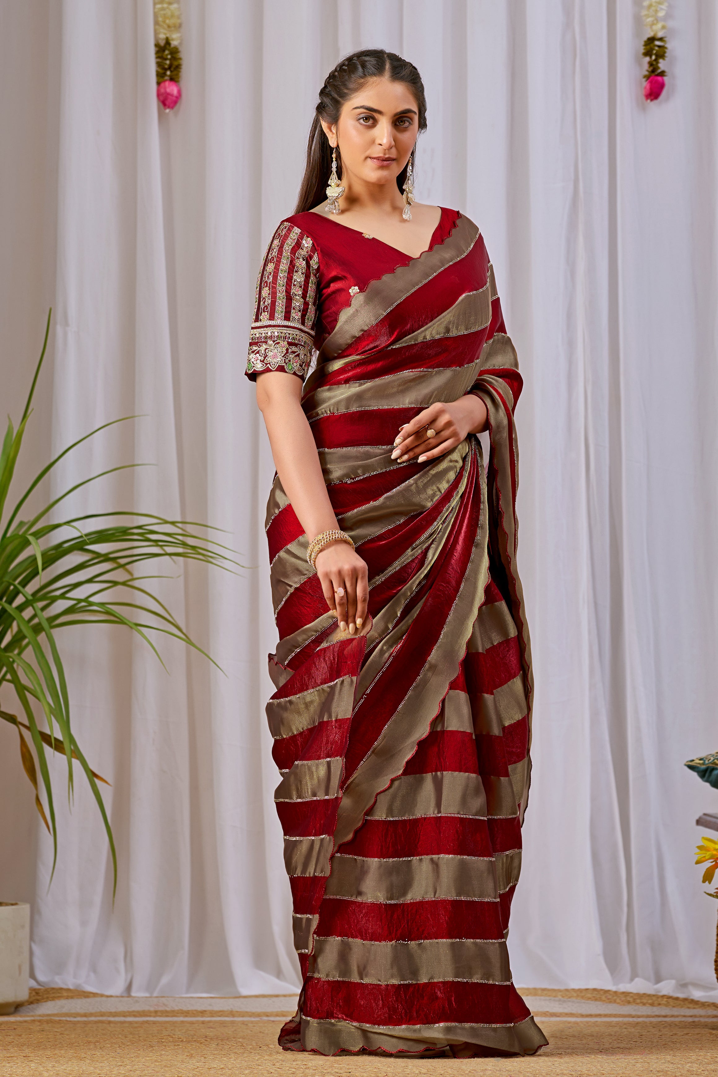 NAYANTARA Satin Embellished Embroidered Saree - Maroon