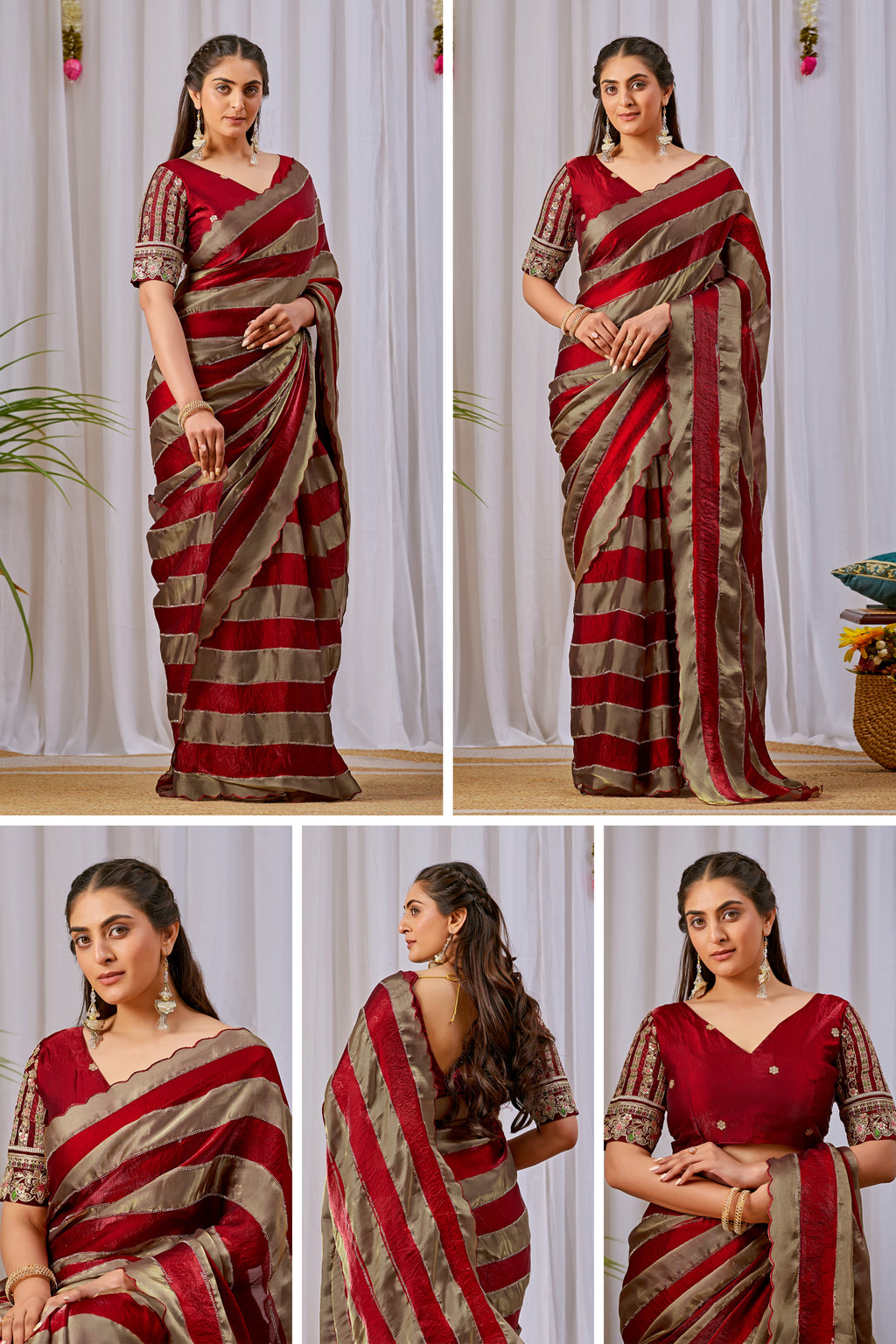 NAYANTARA Satin Embellished Embroidered Saree - Maroon
