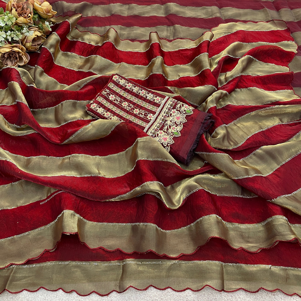 NAYANTARA Satin Embellished Embroidered Saree - Maroon