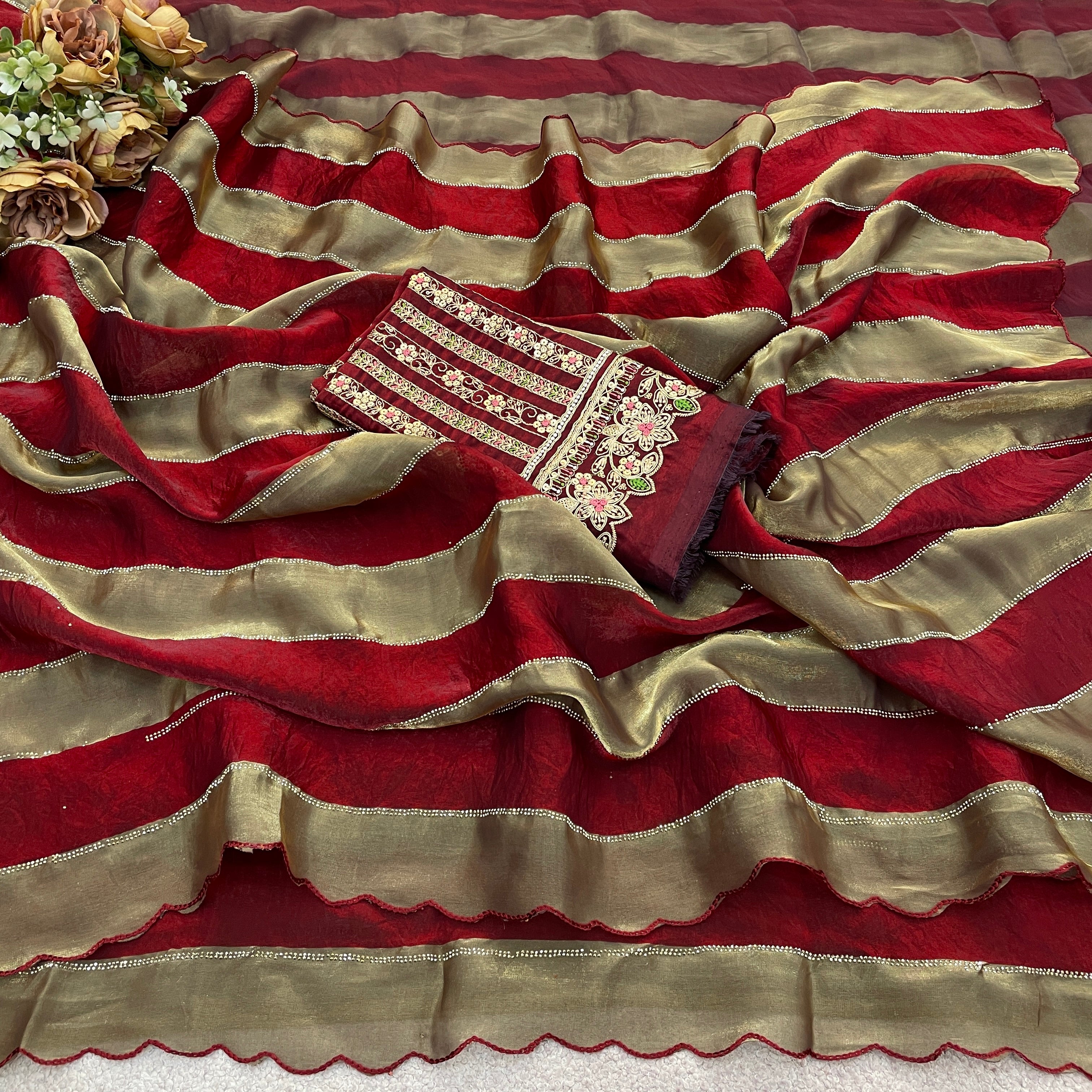 NAYANTARA Satin Embellished Embroidered Saree - Maroon
