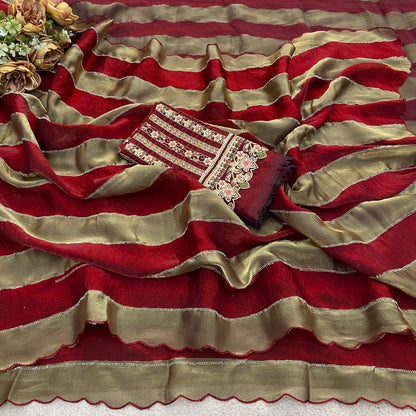 NAYANTARA Satin Embellished Embroidered Saree - Maroon