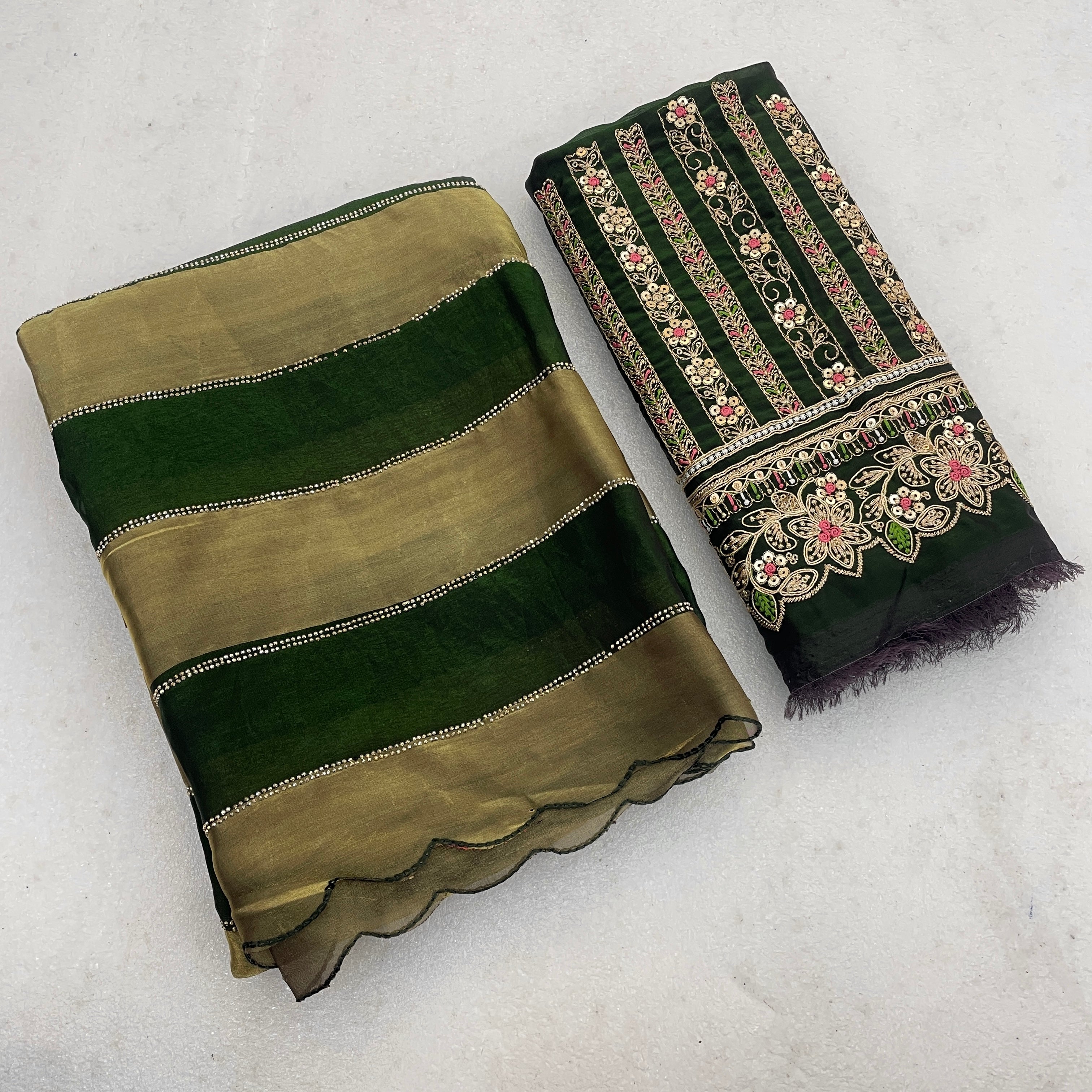 NAYANTARA Satin Embellished Embroidered Saree - Mehandi