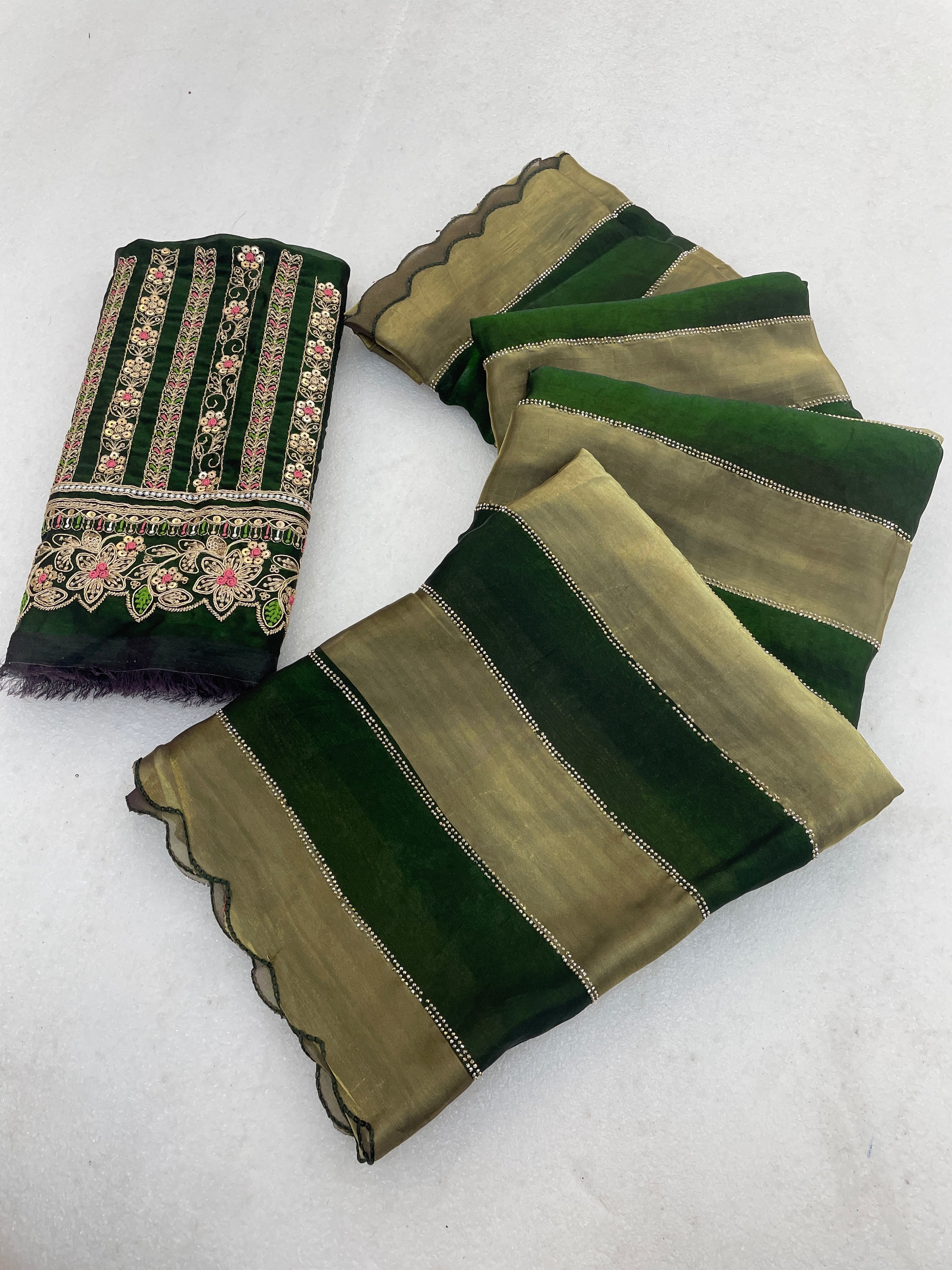 NAYANTARA Satin Embellished Embroidered Saree - Mehandi