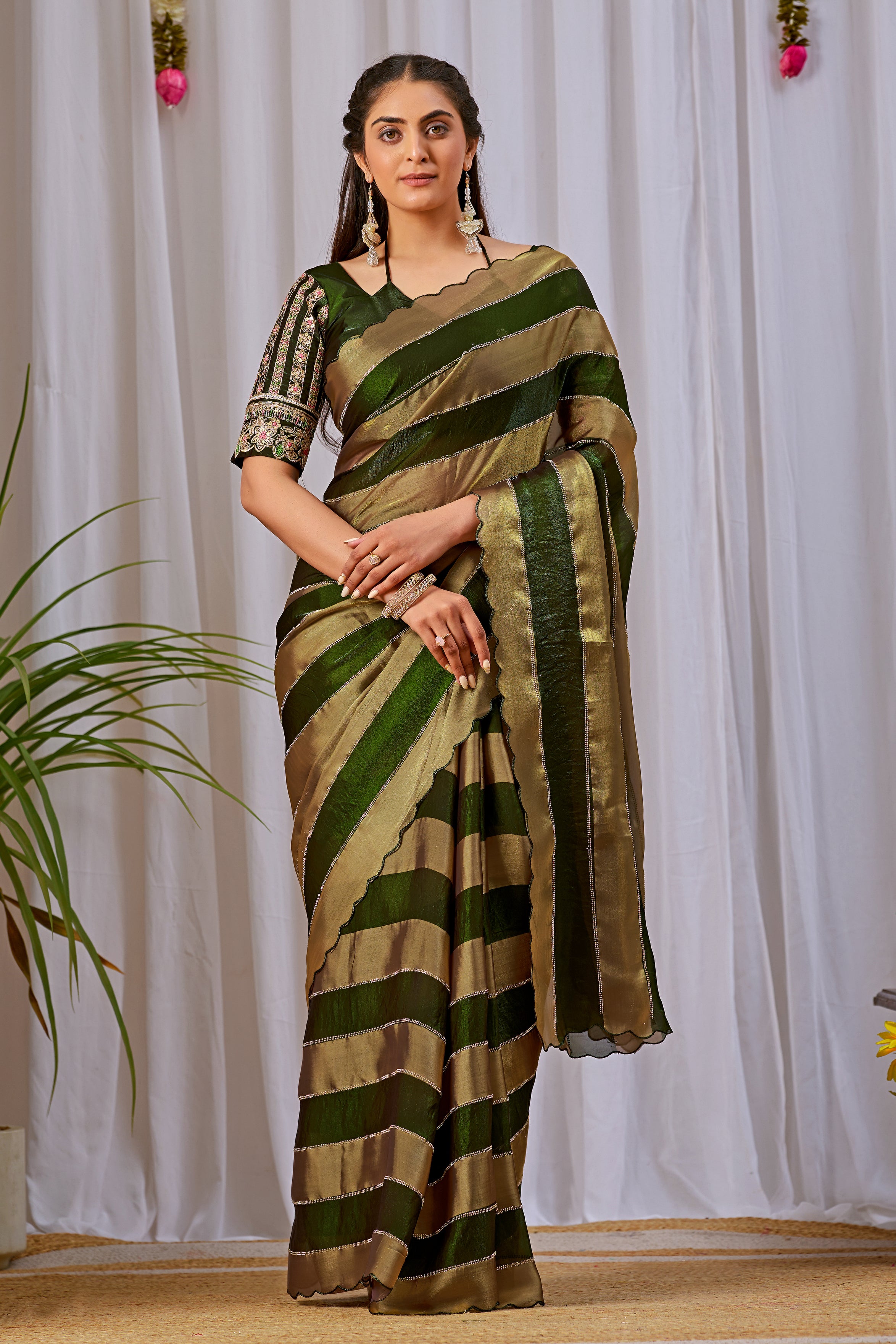NAYANTARA Satin Embellished Embroidered Saree - Mehandi