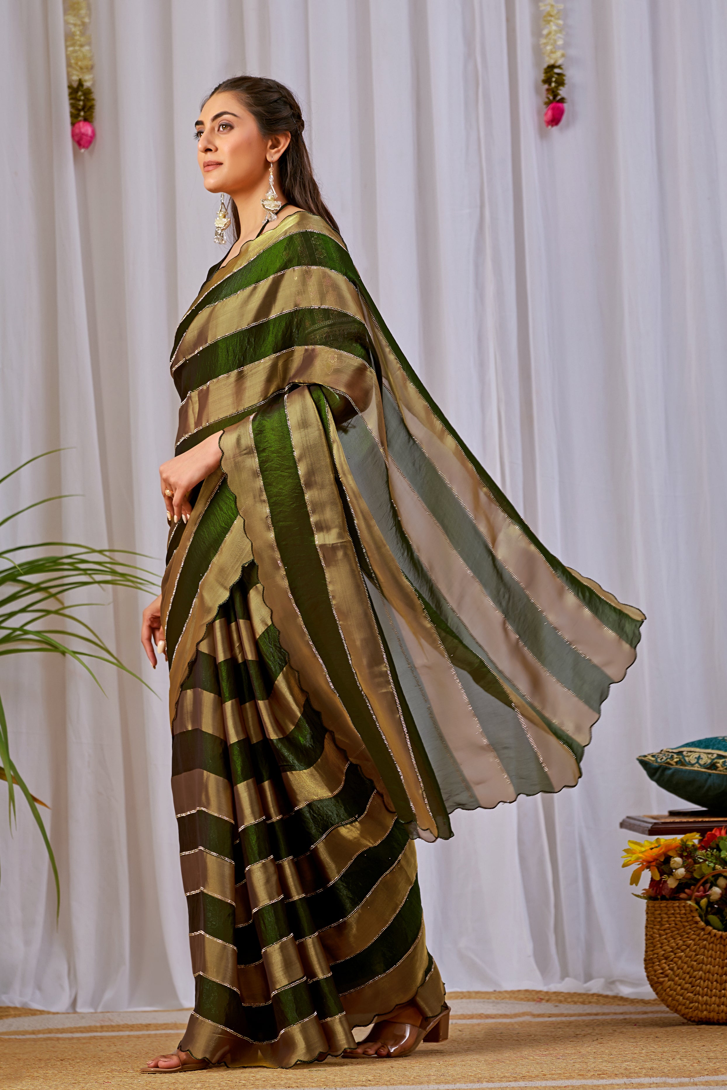 NAYANTARA Satin Embellished Embroidered Saree - Mehandi