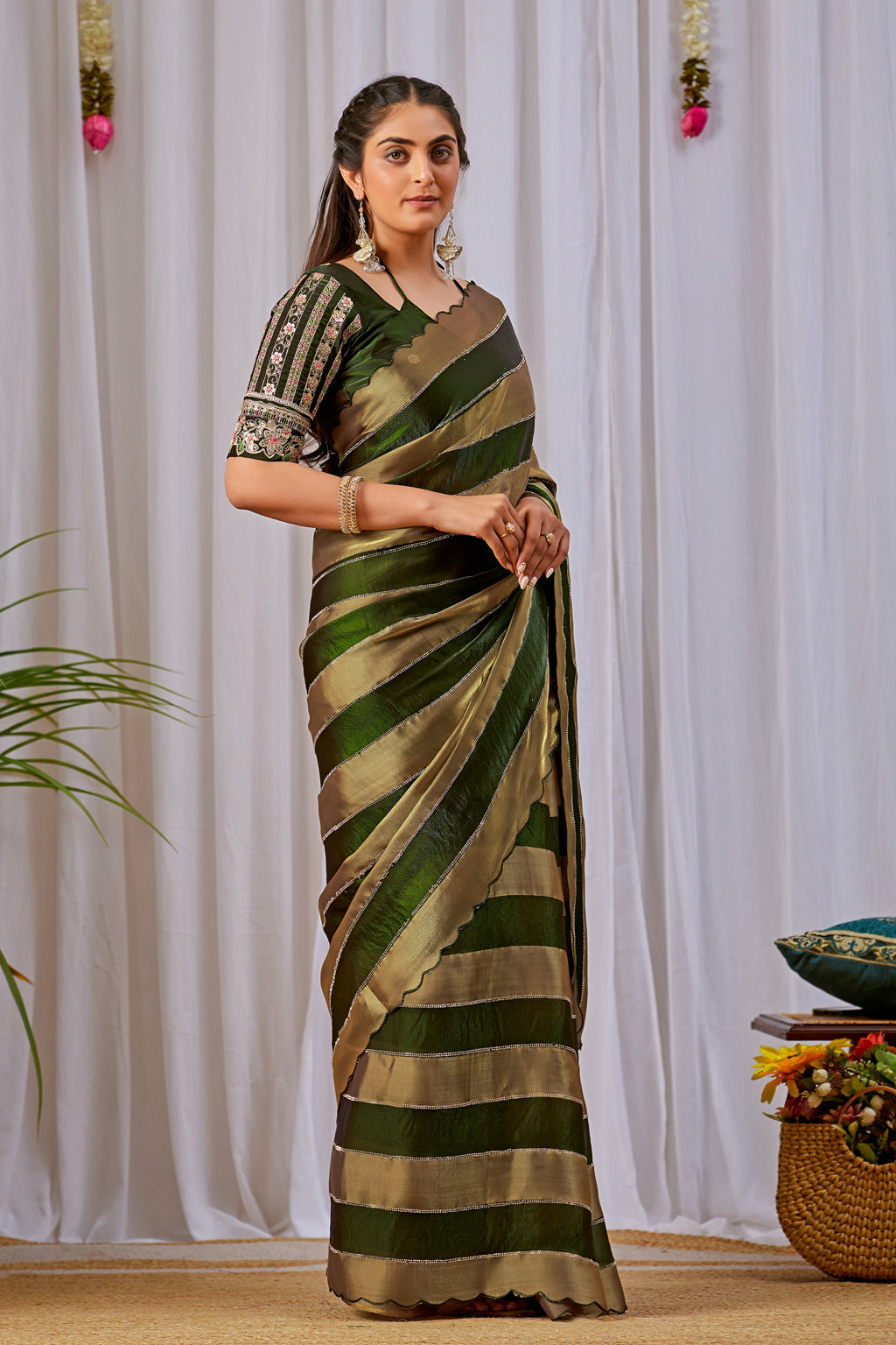 NAYANTARA Satin Embellished Embroidered Saree - Mehandi