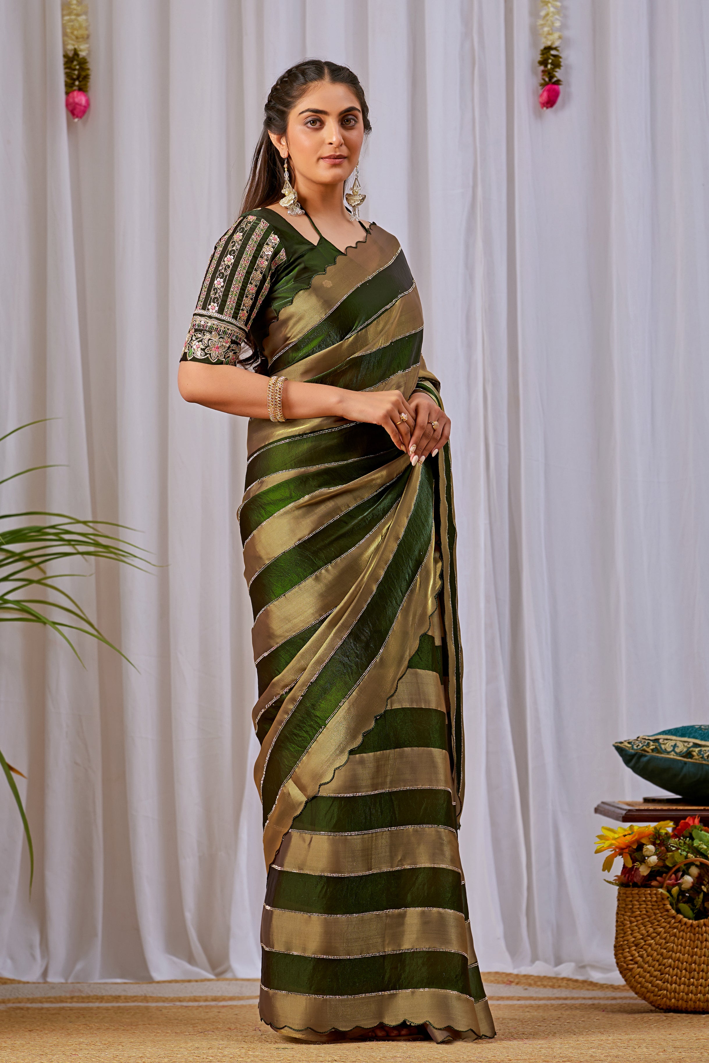 NAYANTARA Satin Embellished Embroidered Saree - Mehandi