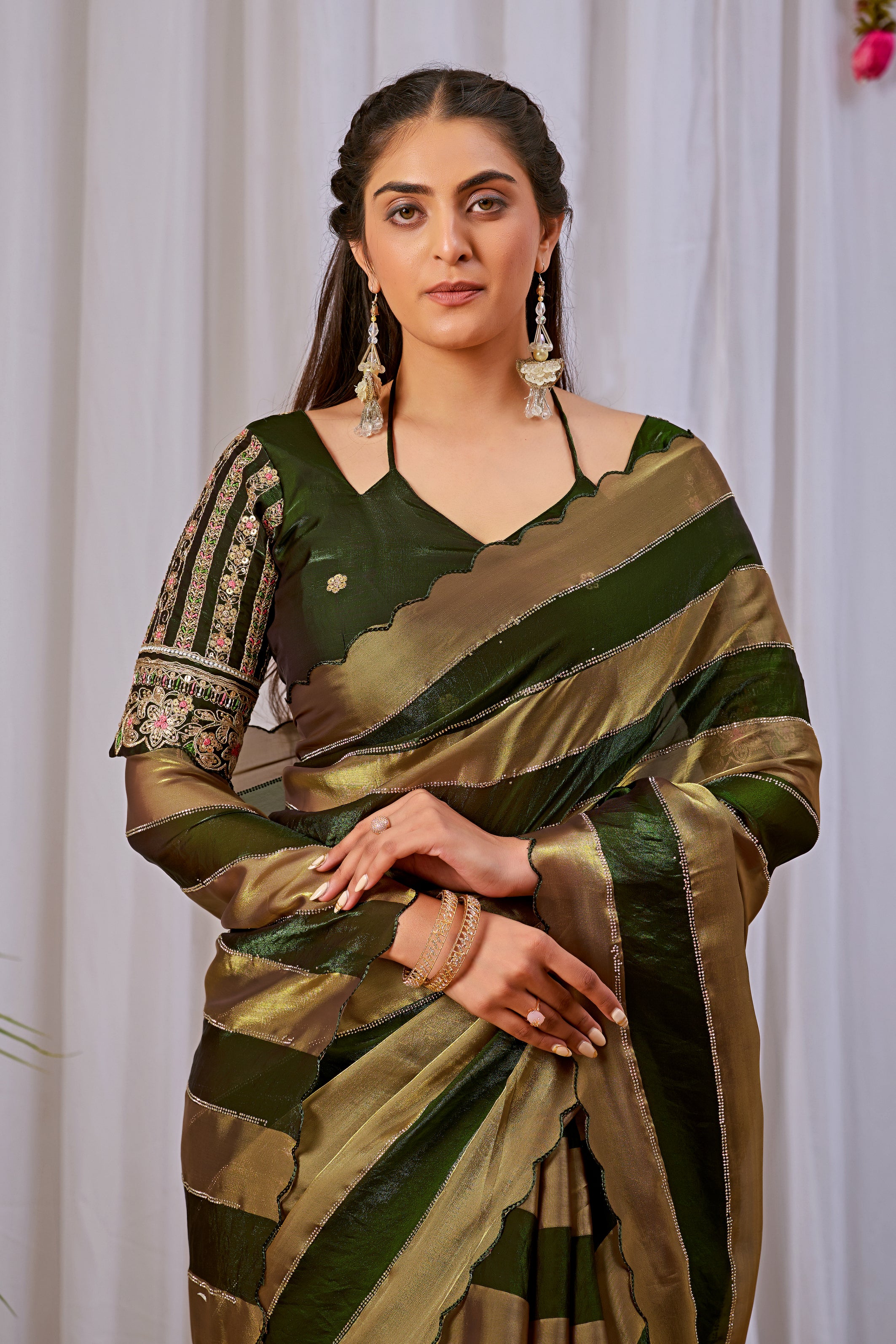 NAYANTARA Satin Embellished Embroidered Saree - Mehandi