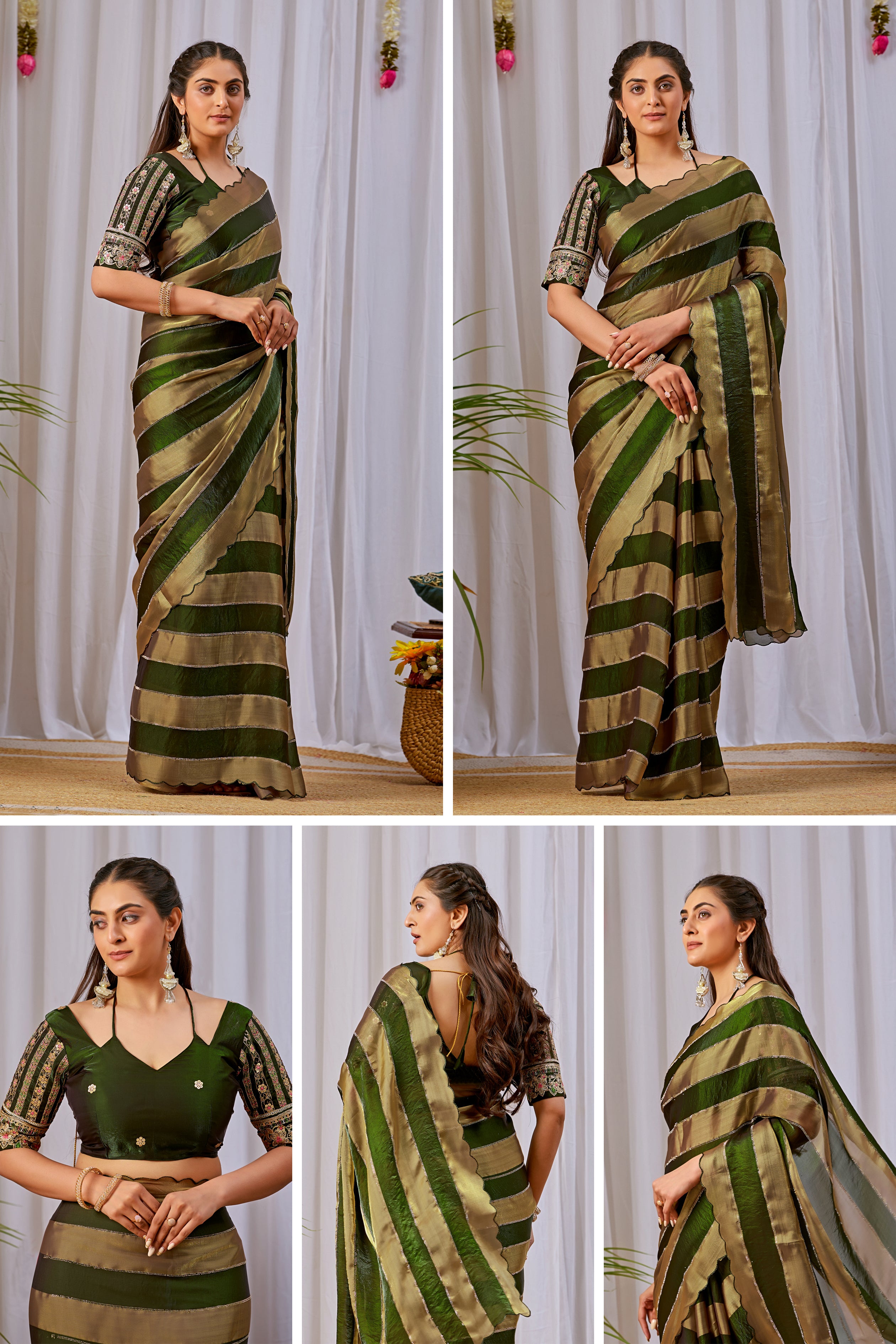 NAYANTARA Satin Embellished Embroidered Saree - Mehandi