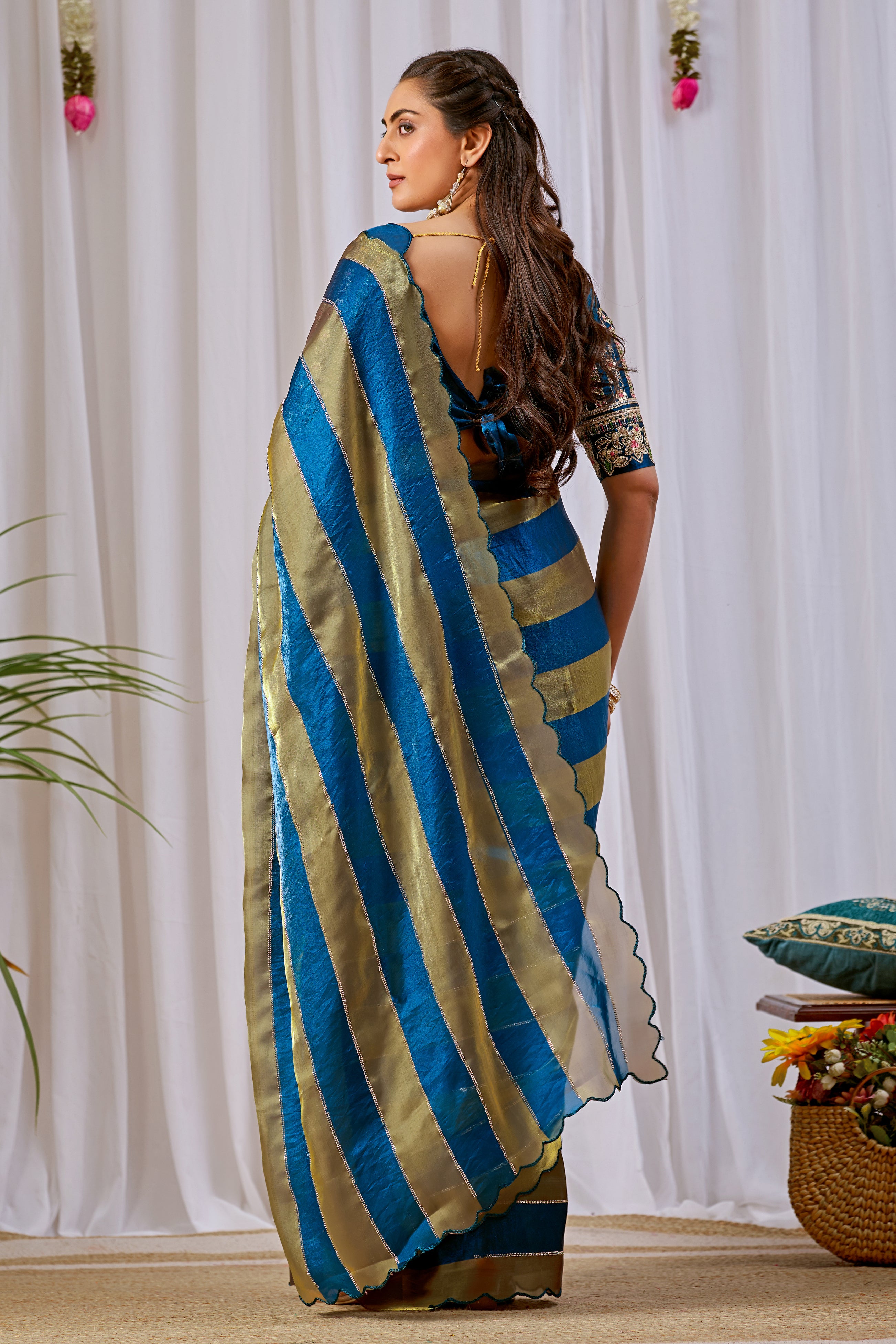 NAYANTARA Satin Embellished Embroidered Saree - Mor Peach