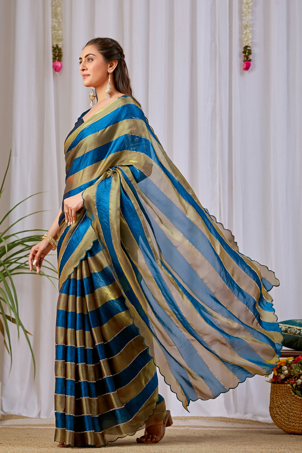 NAYANTARA Satin Embellished Embroidered Saree - Mor Peach