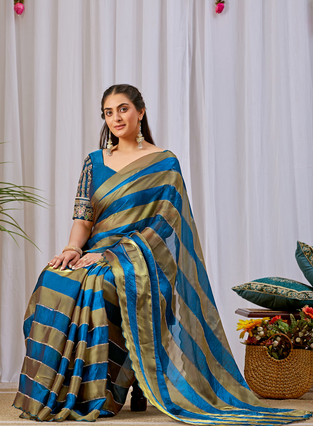 NAYANTARA Satin Embellished Embroidered Saree - Mor Peach