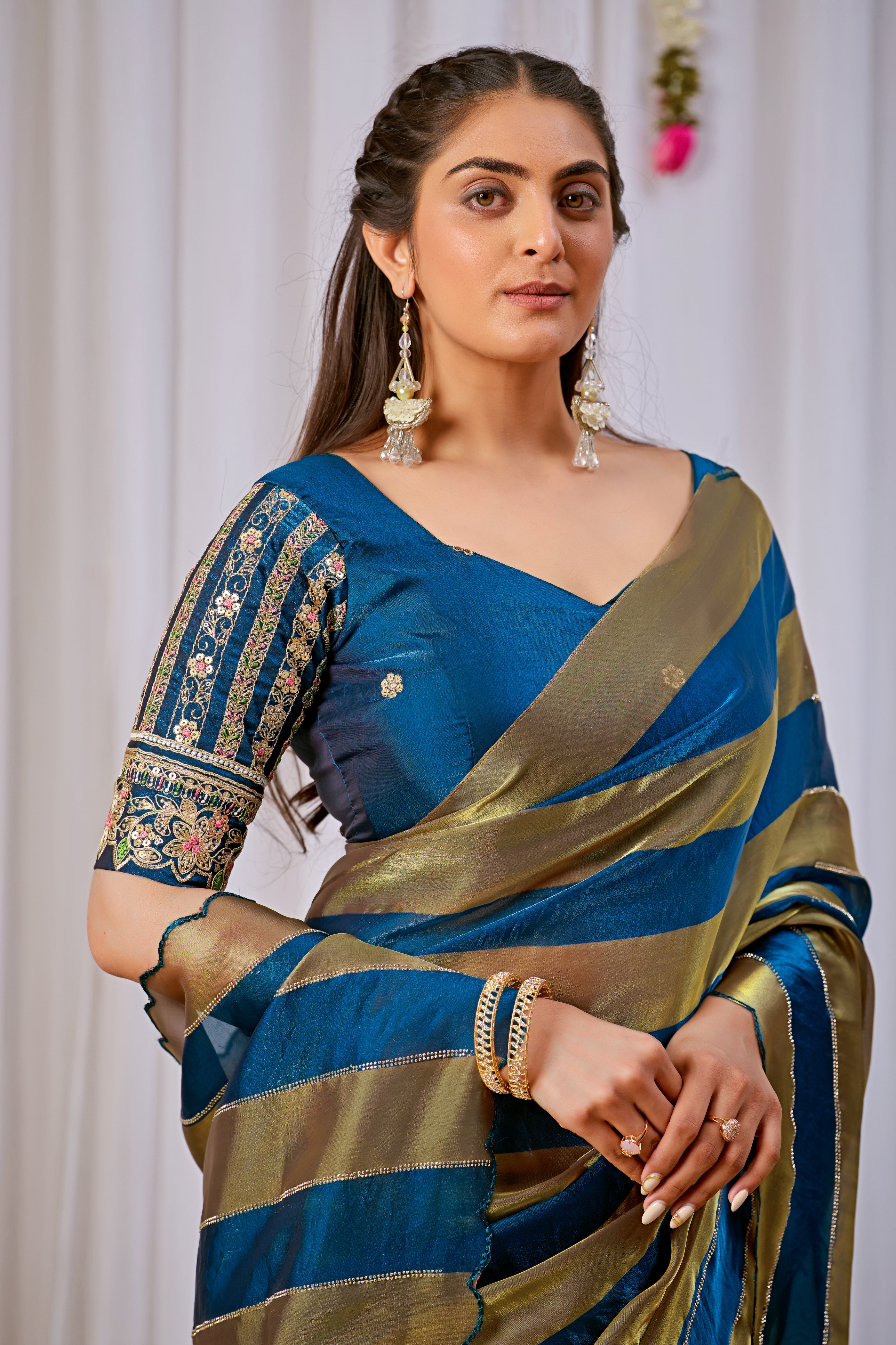 NAYANTARA Satin Embellished Embroidered Saree - Mor Peach