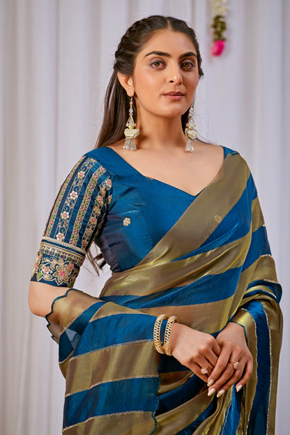 NAYANTARA Satin Embellished Embroidered Saree - Mor Peach