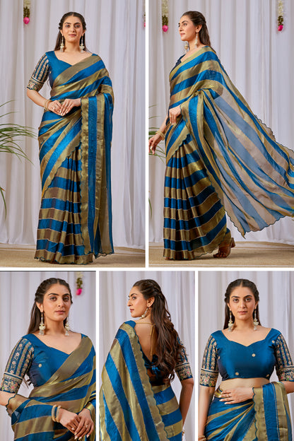 NAYANTARA Satin Embellished Embroidered Saree - Mor Peach
