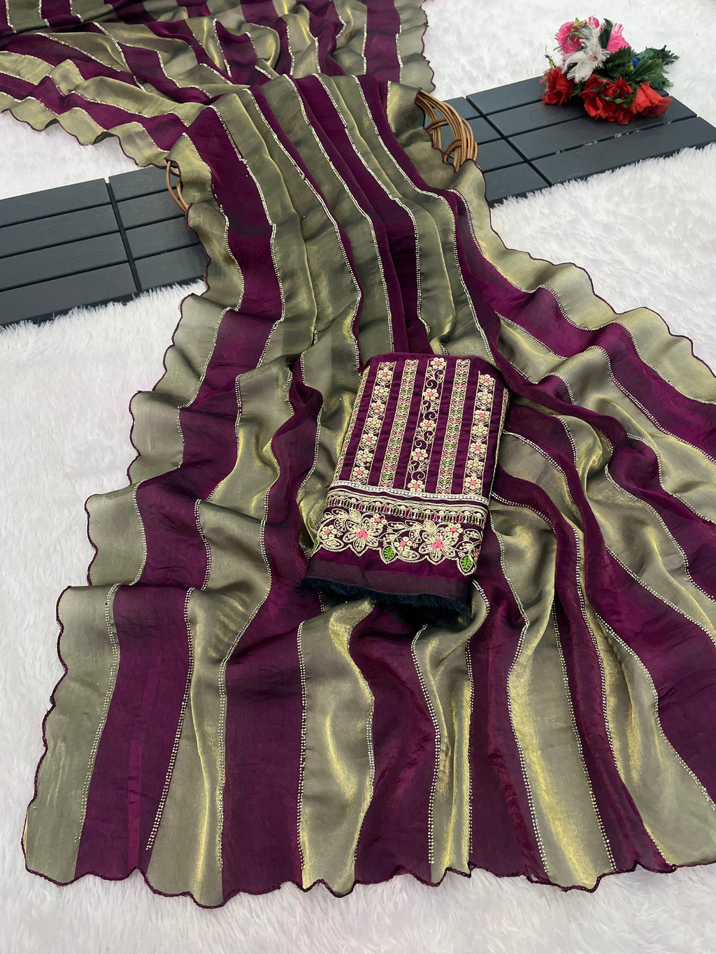 NAYANTARA Satin Embellished Embroidered Saree - Wine