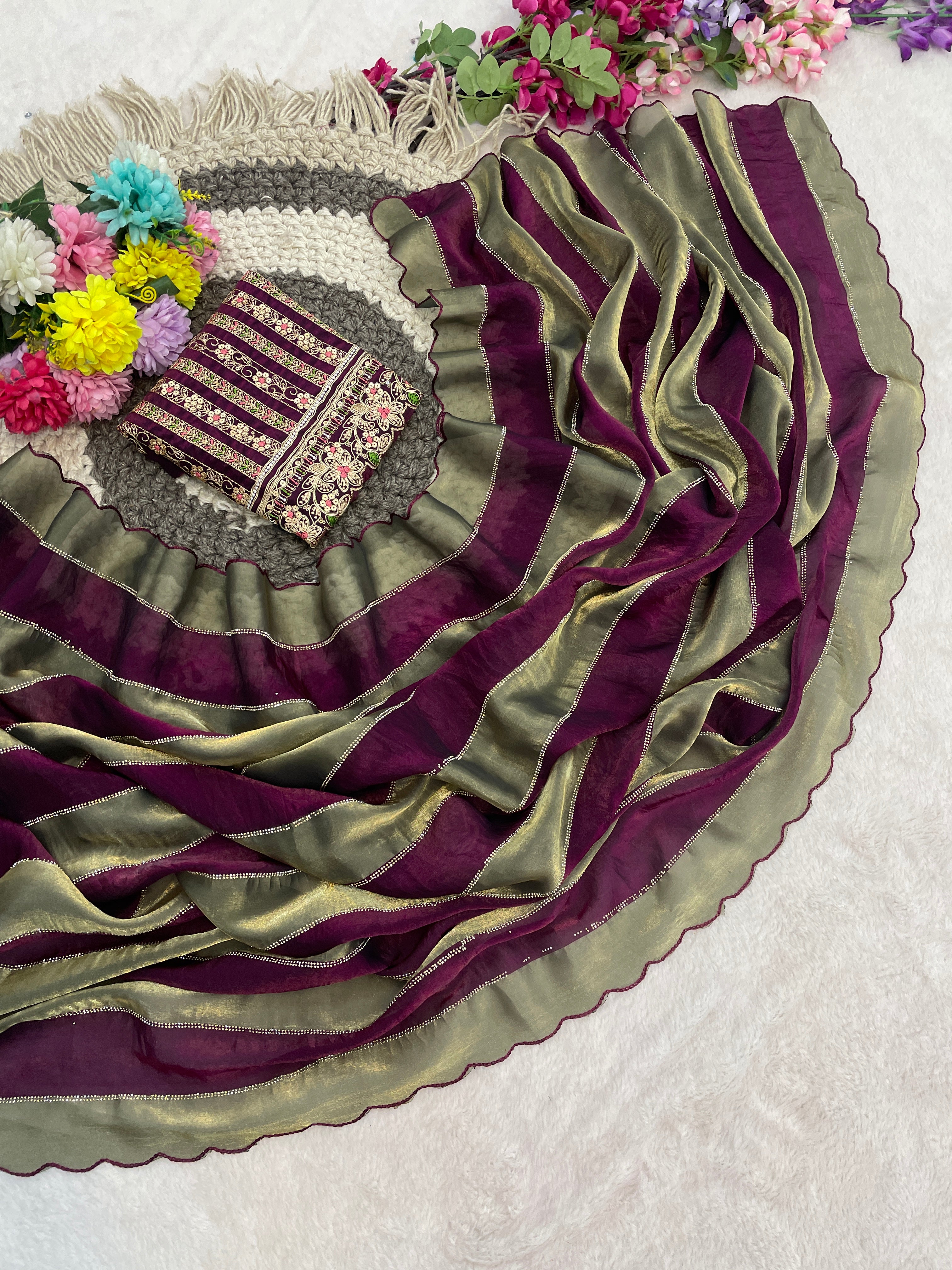 NAYANTARA Satin Embellished Embroidered Saree - Wine