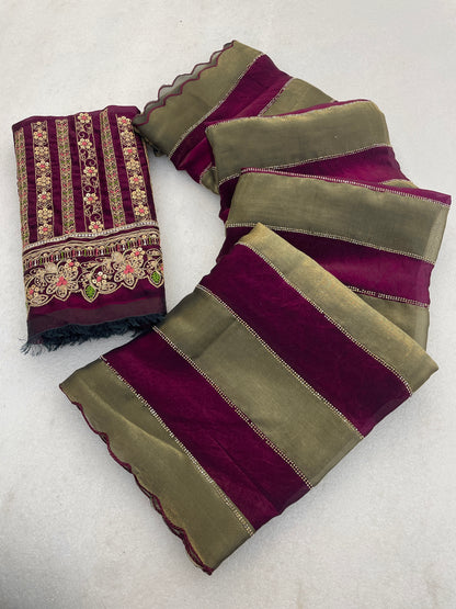 NAYANTARA Satin Embellished Embroidered Saree - Wine