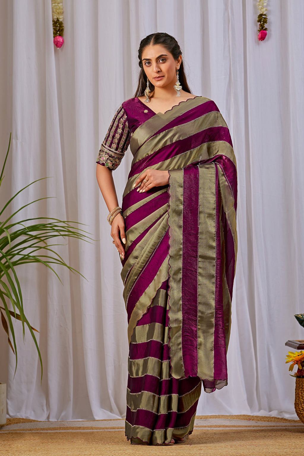 NAYANTARA Satin Embellished Embroidered Saree - Wine