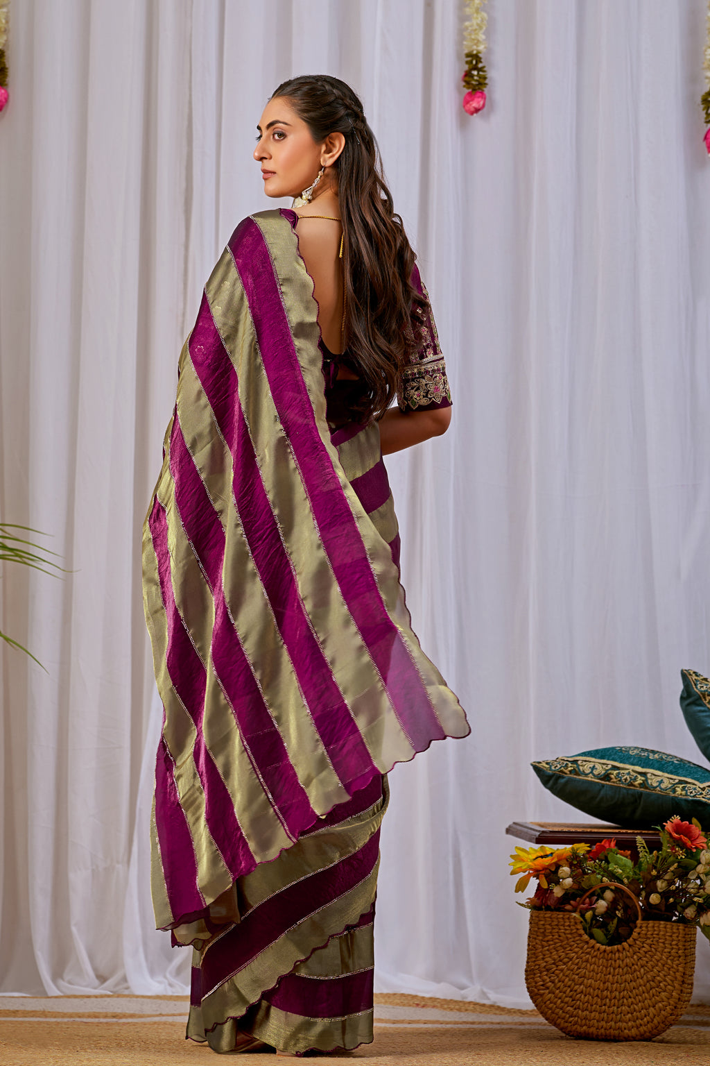 NAYANTARA Satin Embellished Embroidered Saree - Wine
