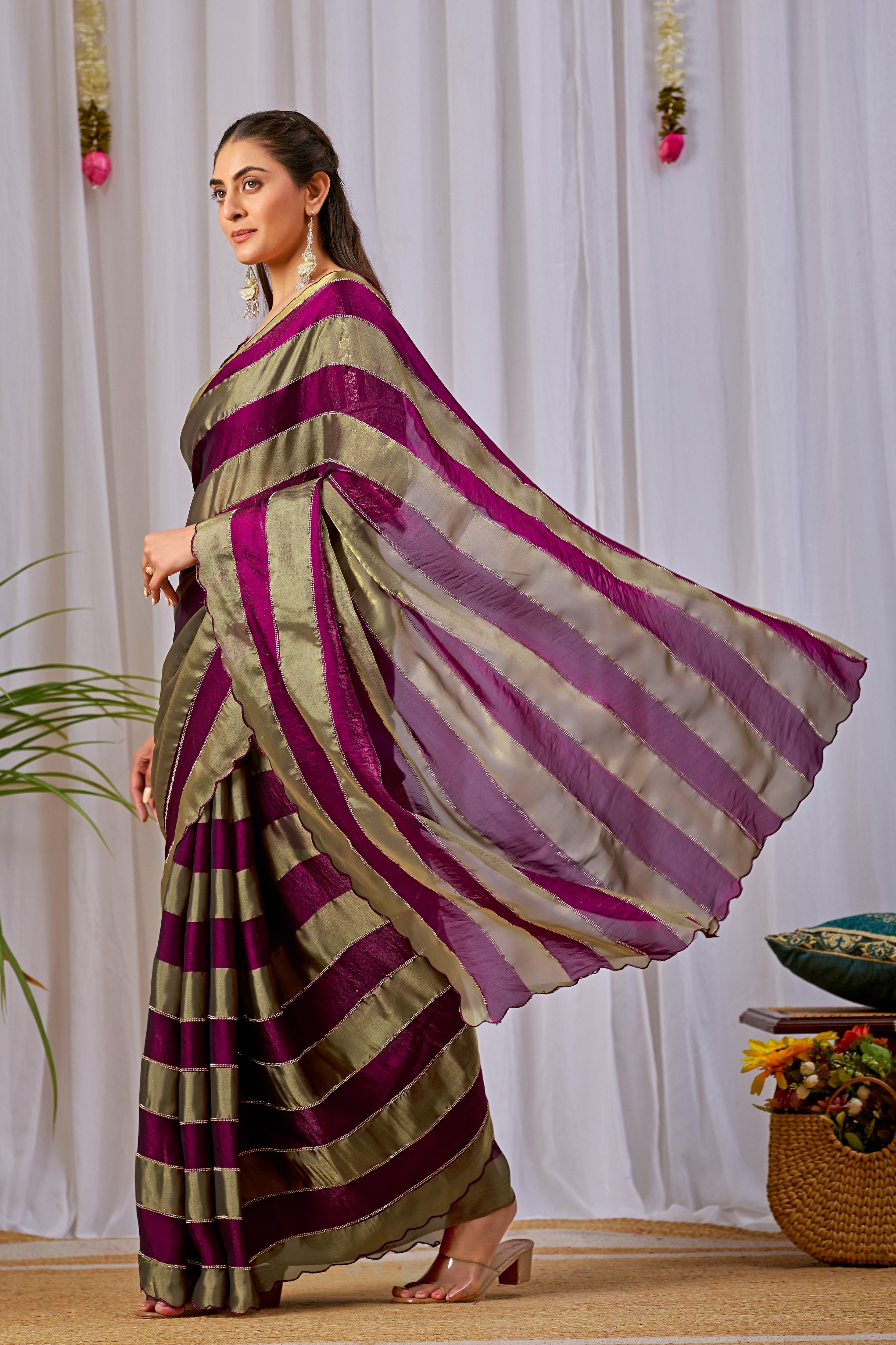 NAYANTARA Satin Embellished Embroidered Saree - Wine