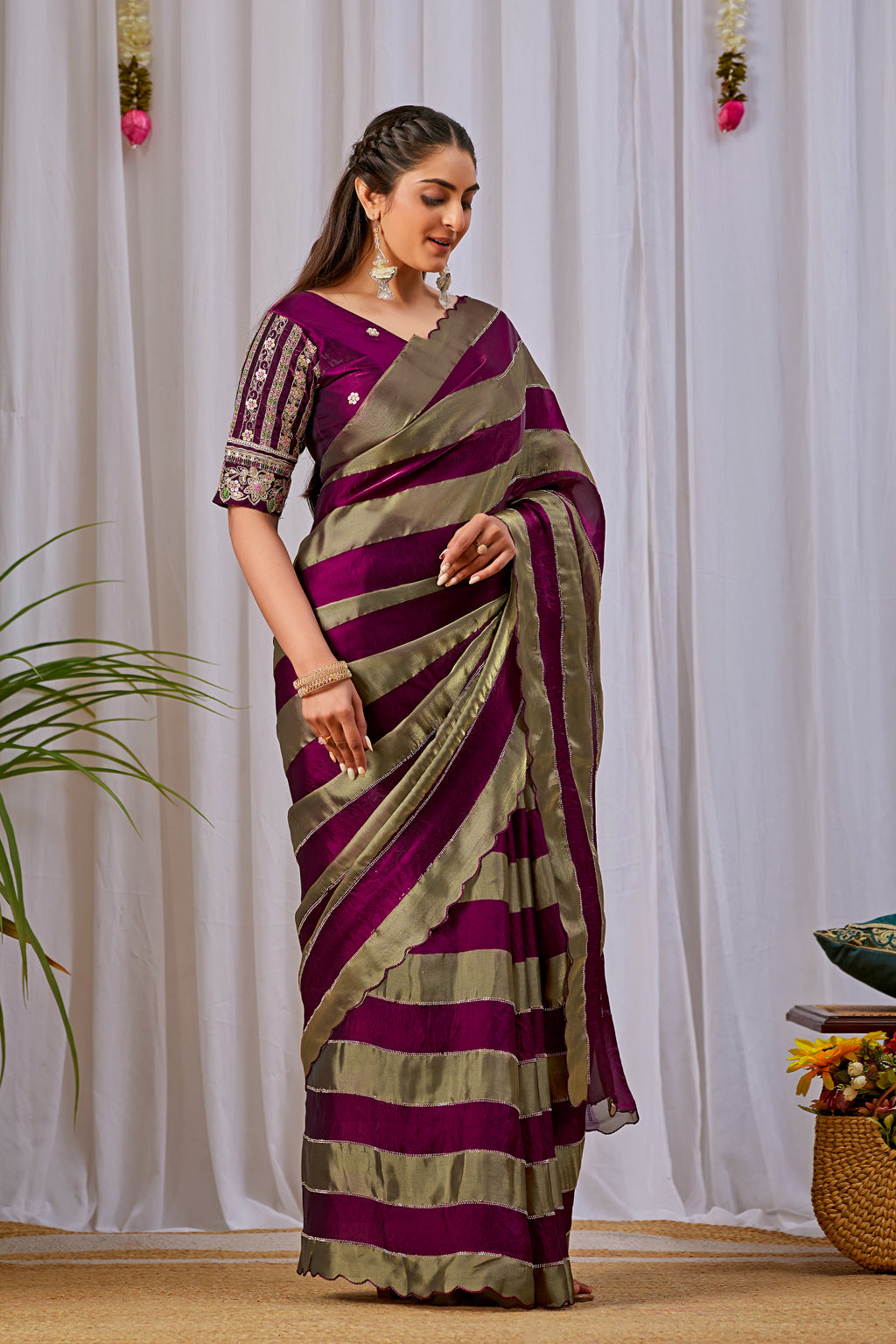 NAYANTARA Satin Embellished Embroidered Saree - Wine