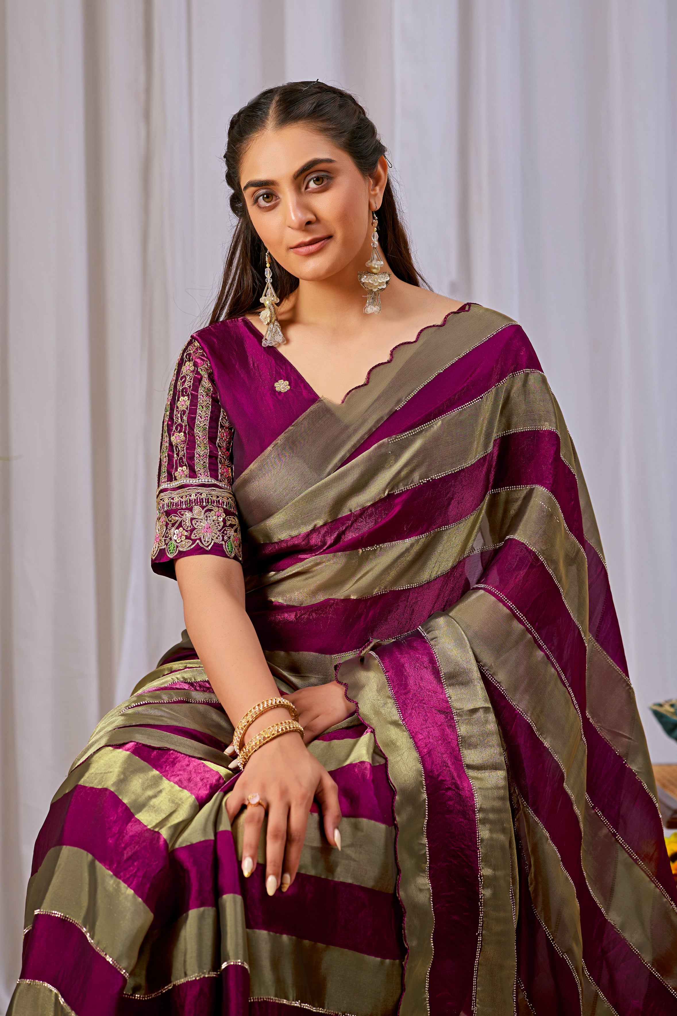 NAYANTARA Satin Embellished Embroidered Saree - Wine