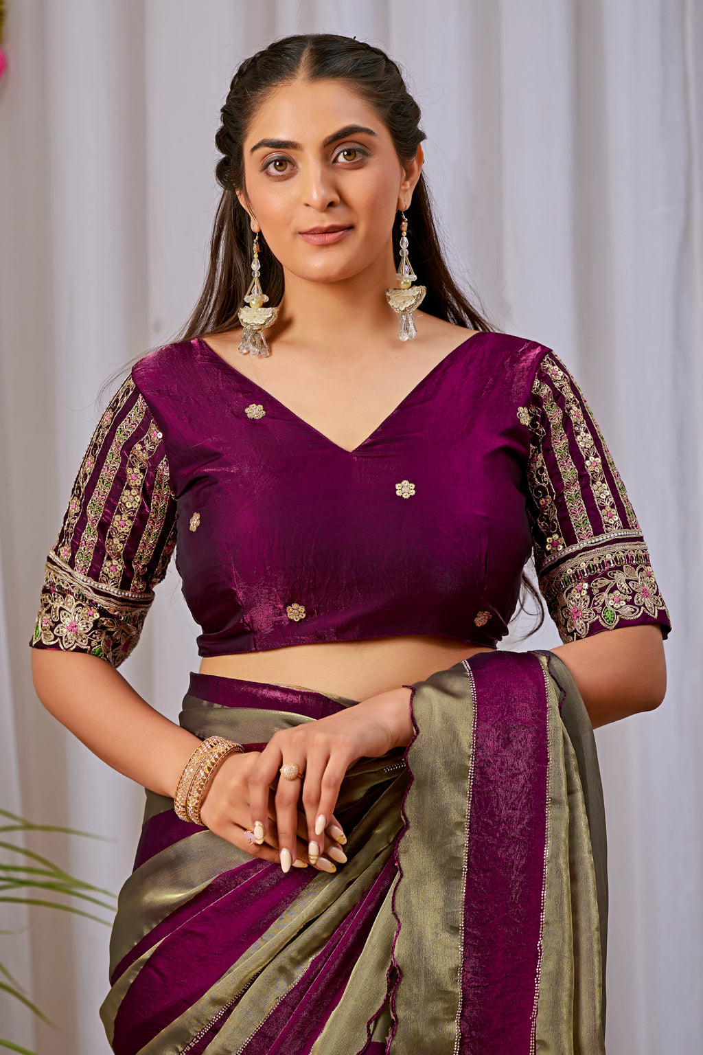 NAYANTARA Satin Embellished Embroidered Saree - Wine