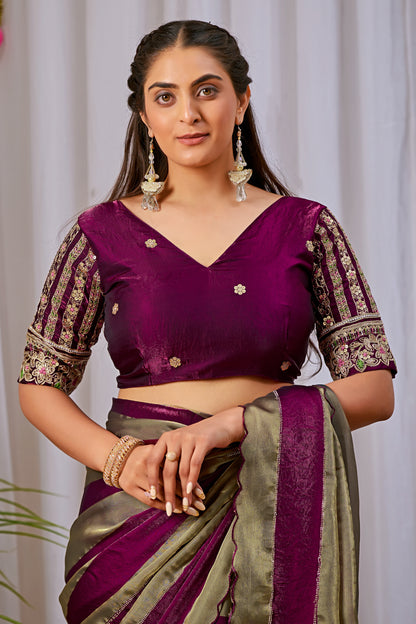NAYANTARA Satin Embellished Embroidered Saree - Wine