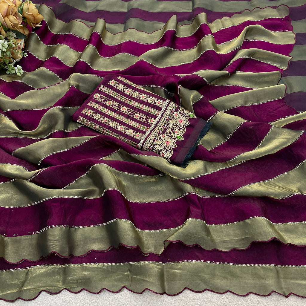 NAYANTARA Satin Embellished Embroidered Saree - Wine