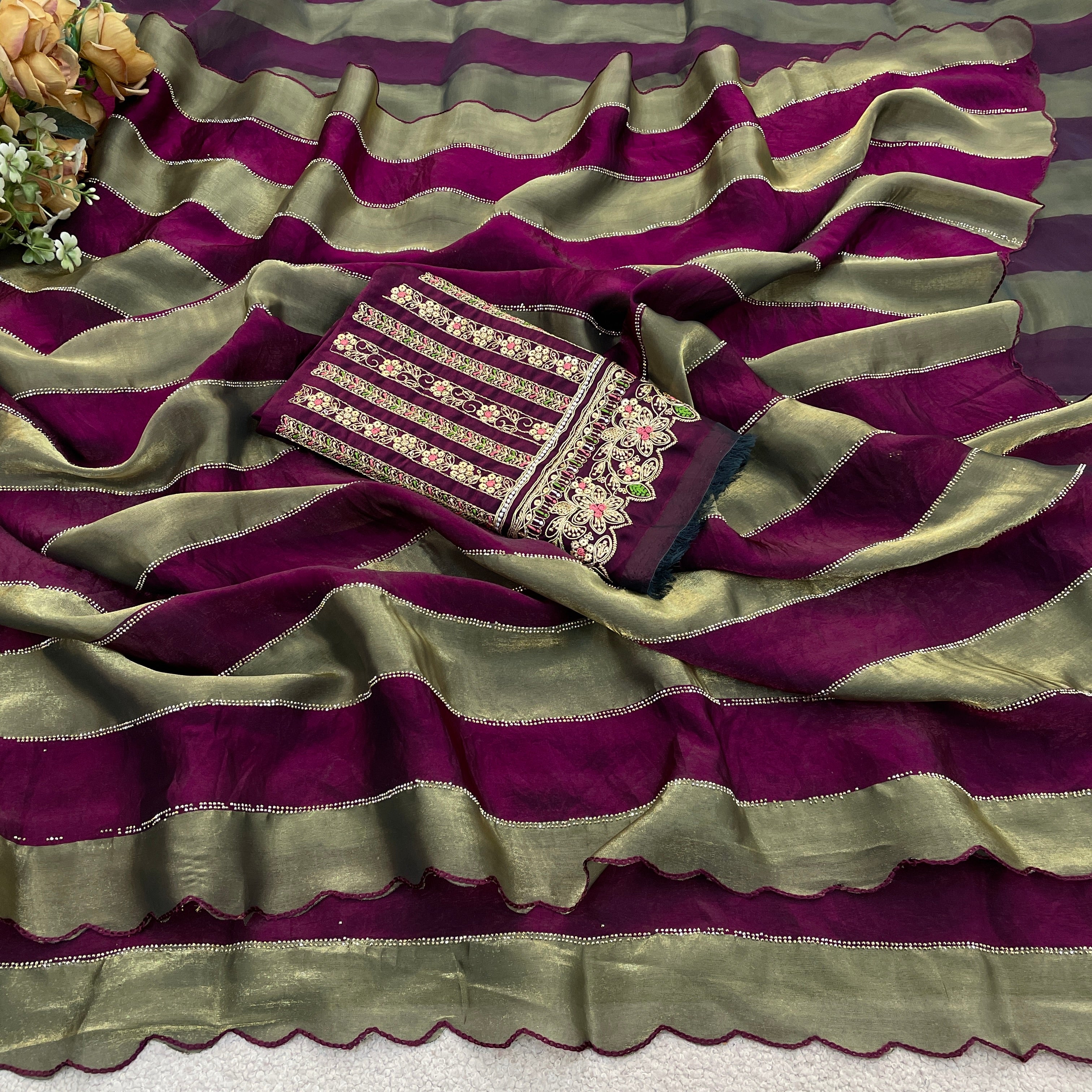 NAYANTARA Satin Embellished Embroidered Saree - Wine
