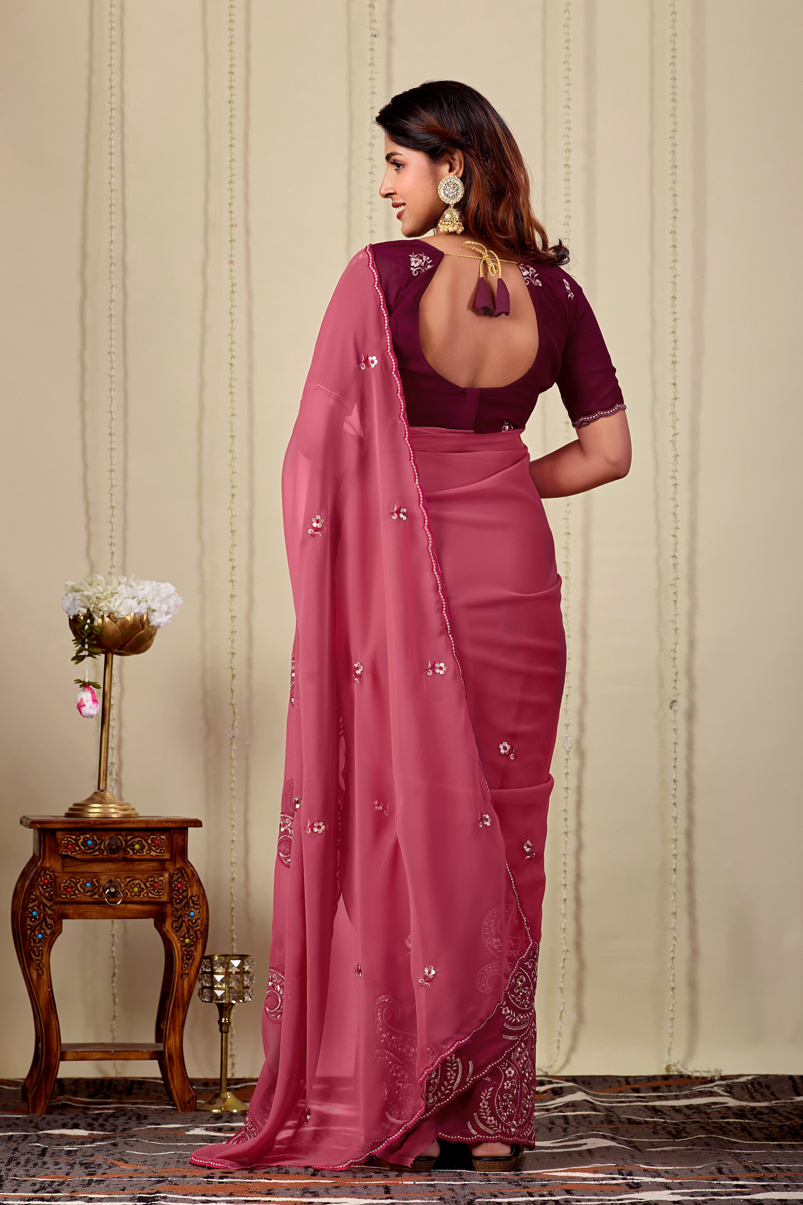 NIHARIKA Georgette Embellished Embroidered Saree - Dusty Gajri