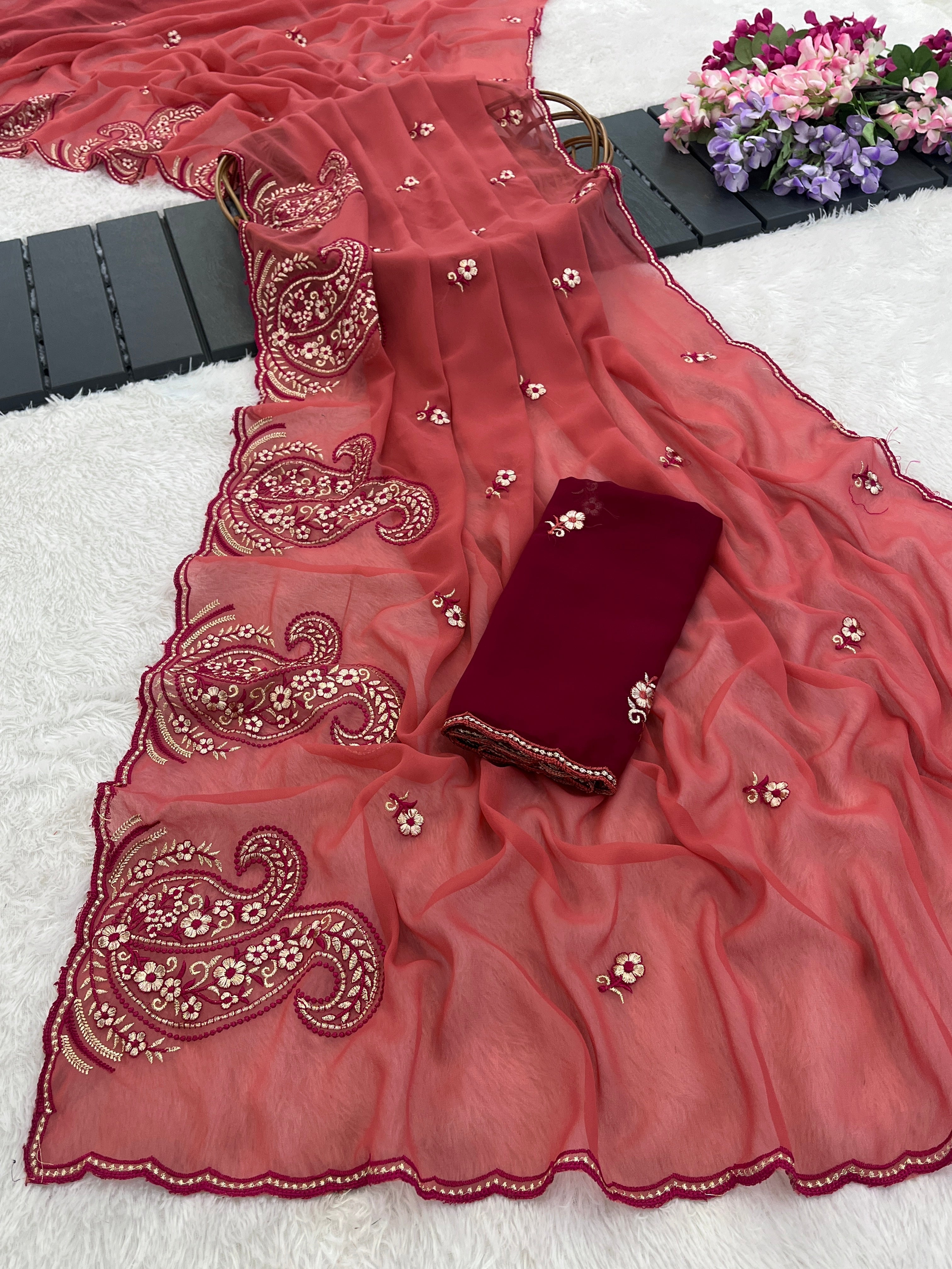NIHARIKA Georgette Embellished Embroidered Saree - Dusty Gajri