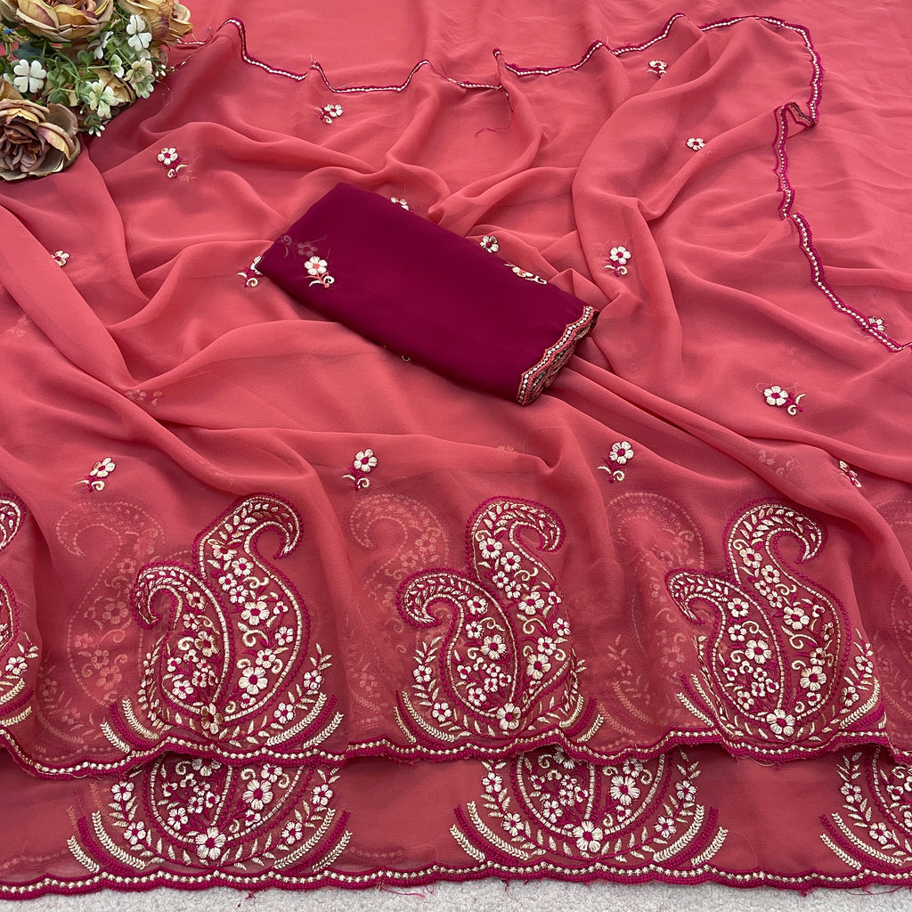NIHARIKA Georgette Embellished Embroidered Saree - Dusty Gajri