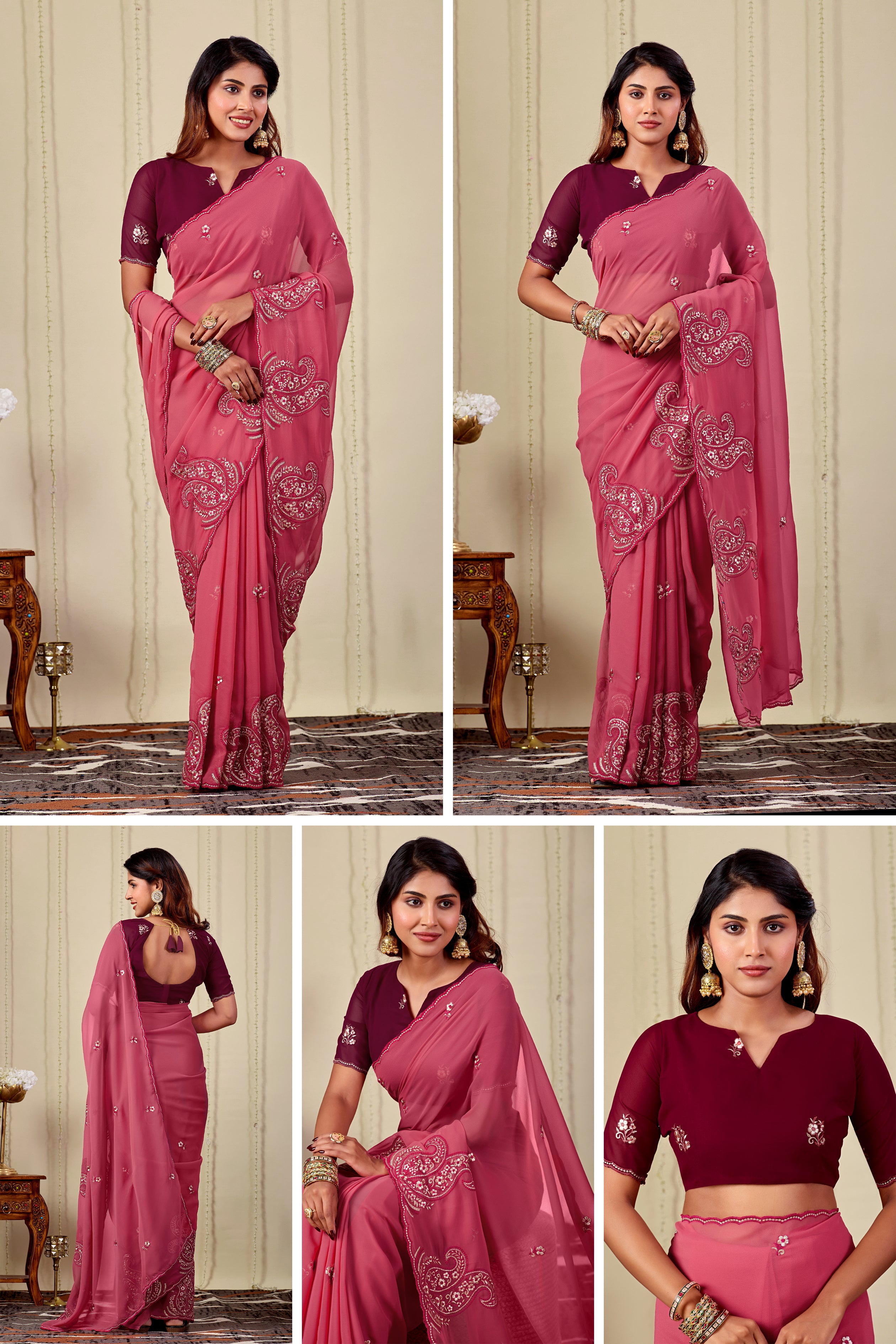 NIHARIKA Georgette Embellished Embroidered Saree - Dusty Gajri