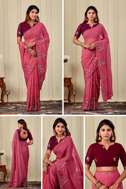 NIHARIKA Georgette Embellished Embroidered Saree - Dusty Gajri