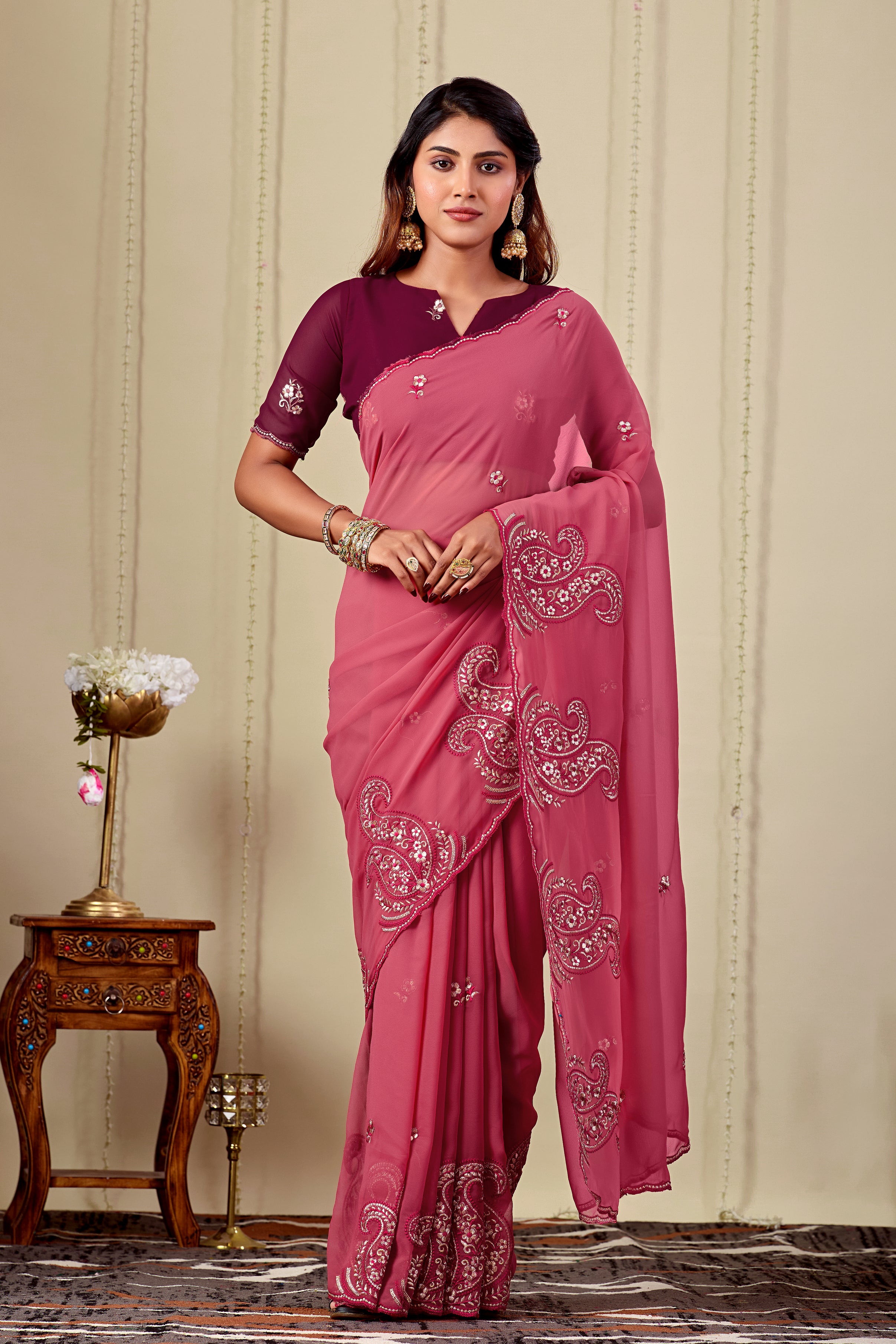 NIHARIKA Georgette Embellished Embroidered Saree - Dusty Gajri