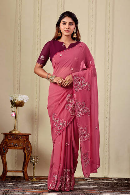 NIHARIKA Georgette Embellished Embroidered Saree - Dusty Gajri