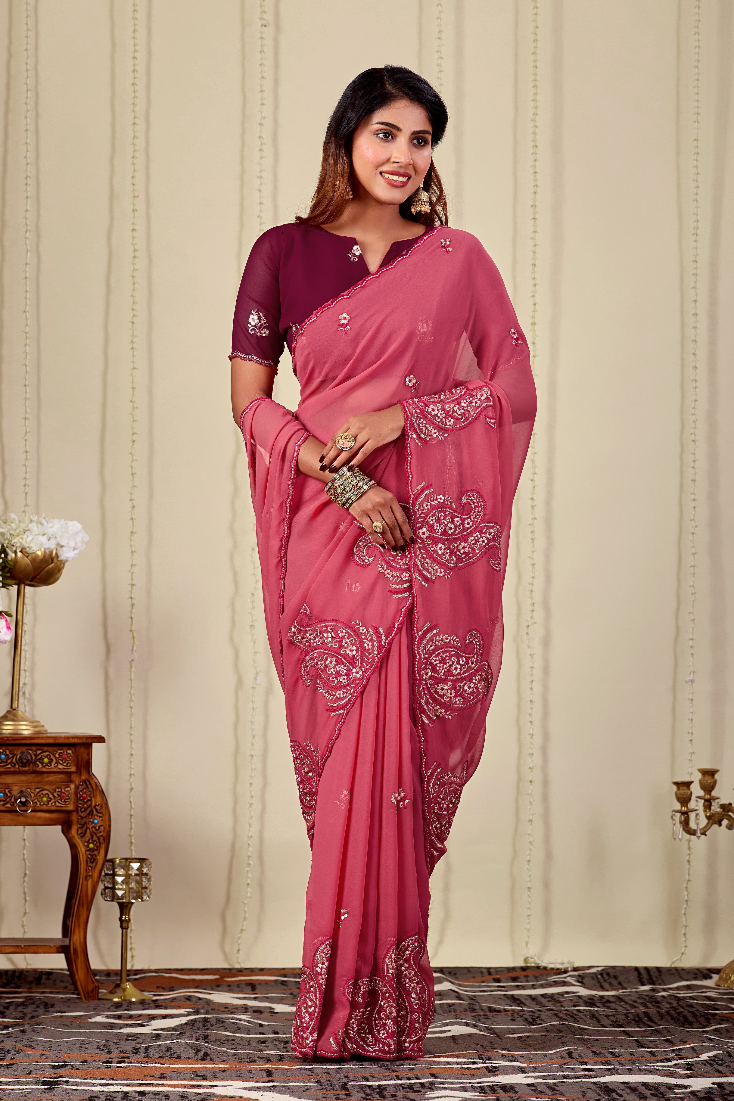 NIHARIKA Georgette Embellished Embroidered Saree - Dusty Gajri