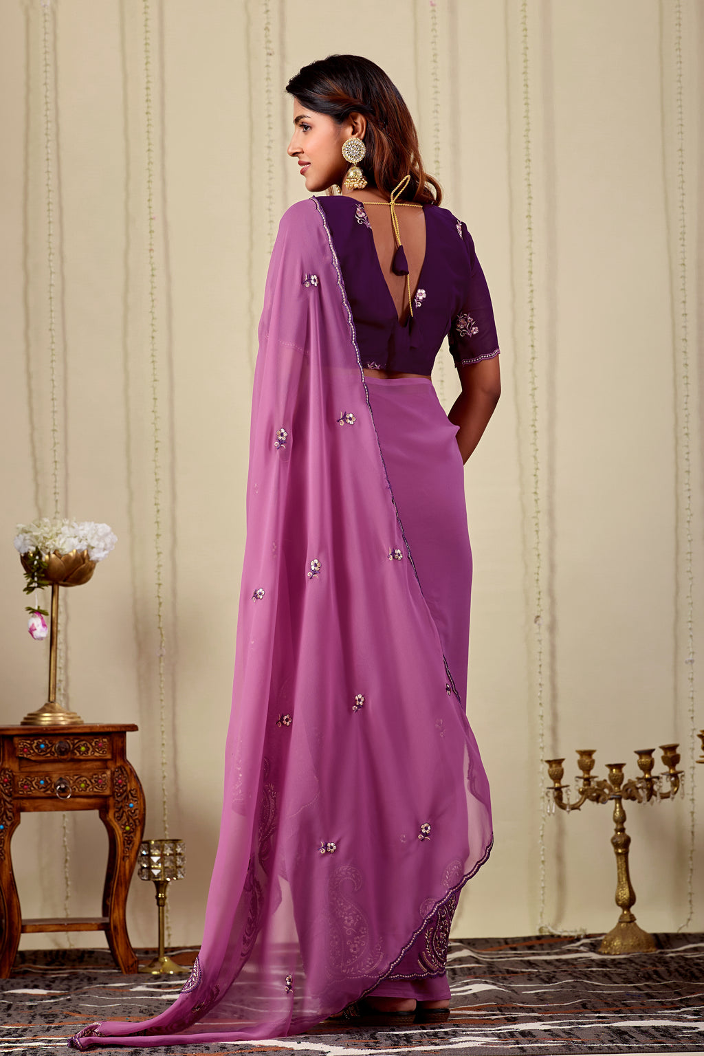 NIHARIKA Georgette Embellished Embroidered Saree - Dusty Pink